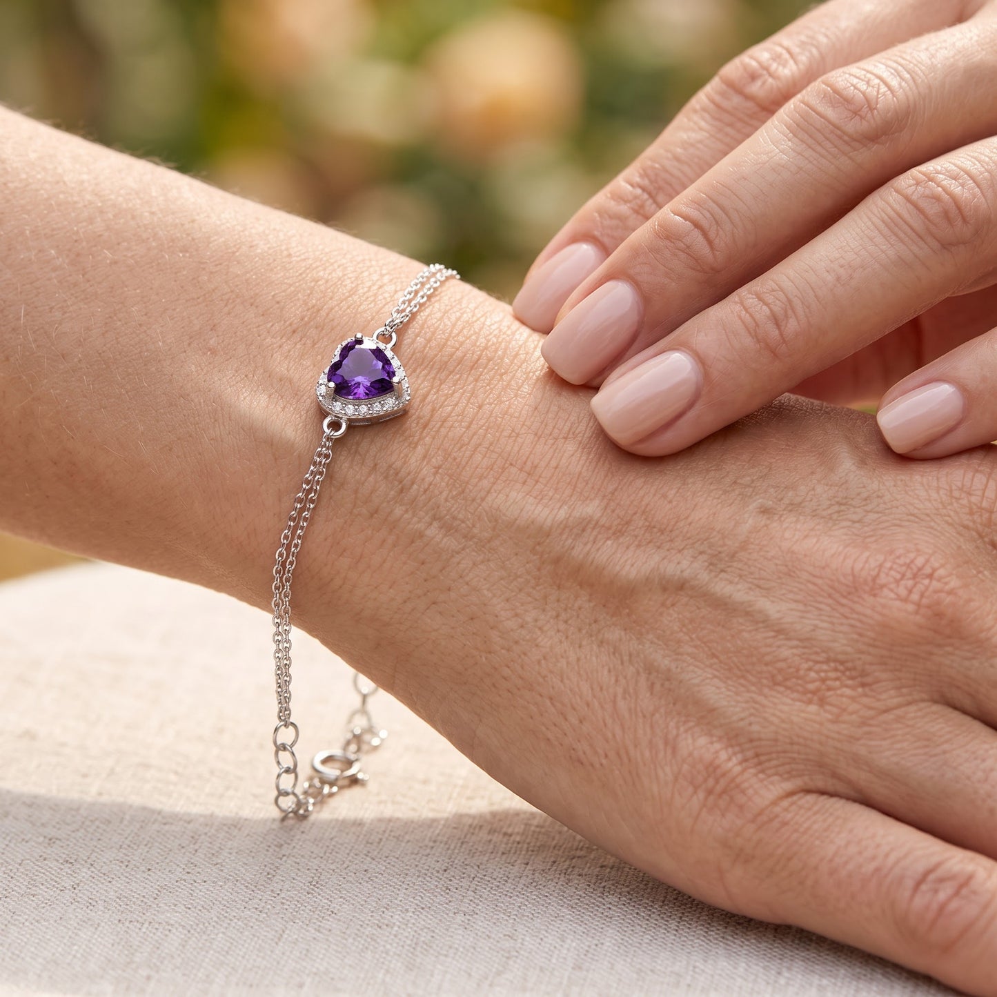 Sterling Silver Amethyst & Clear CZ Heart Halo Bracelet for Women, Dainty Everyday Jewelry Gift view 4