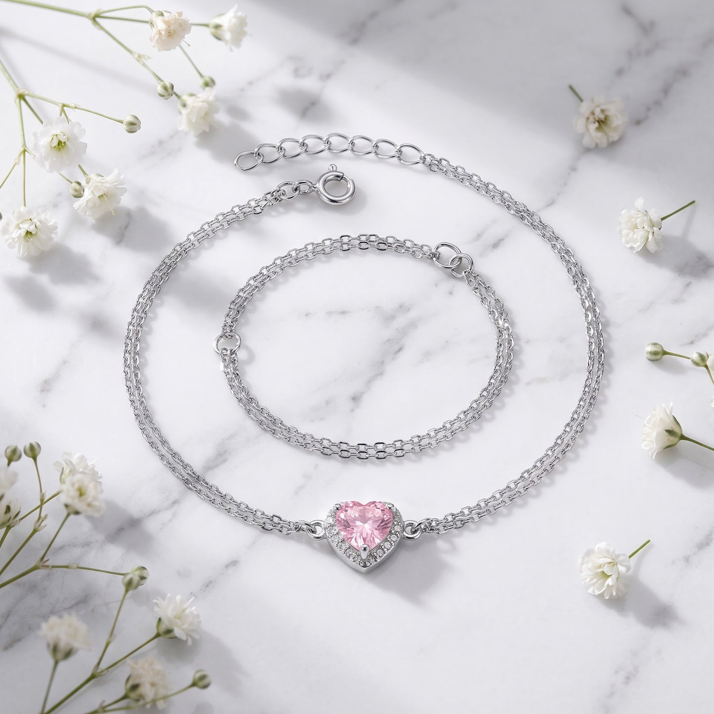 Sterling Silver Pink & Clear CZ Heart Halo Bracelet for Women, Dainty Everyday Jewelry Gift view 1