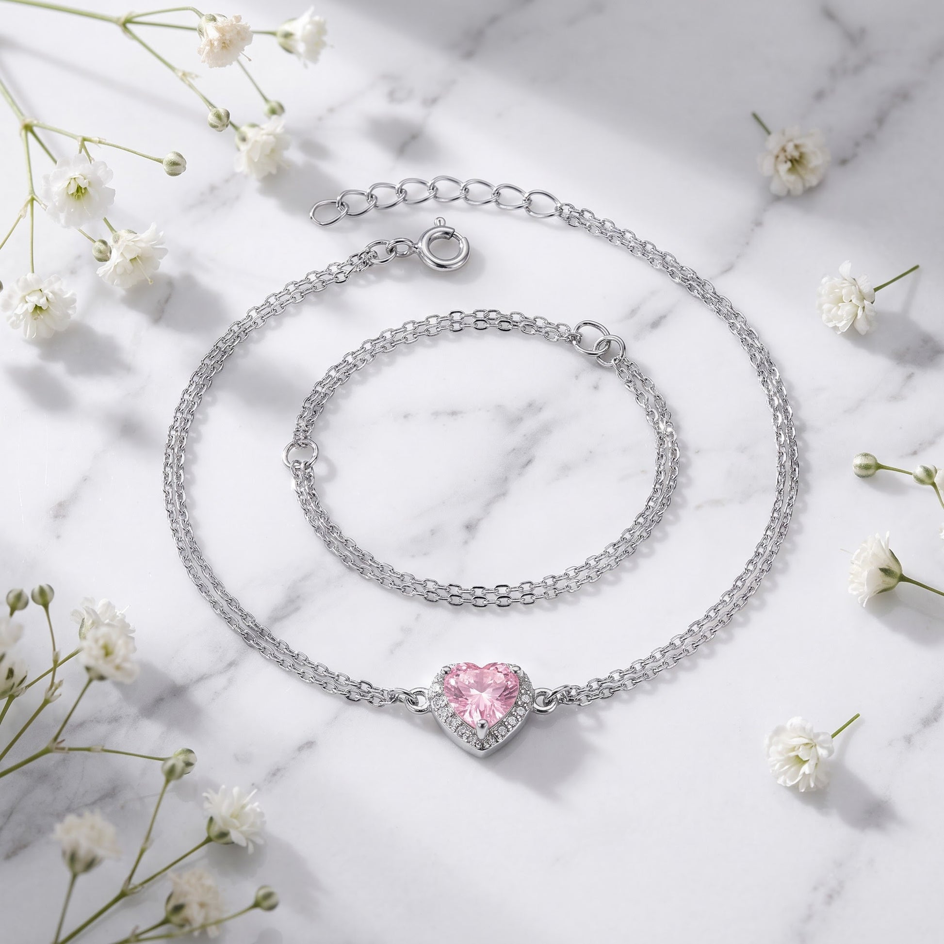 Sterling Silver Pink & Clear CZ Heart Halo Bracelet for Women, Dainty Everyday Jewelry Gift view 1