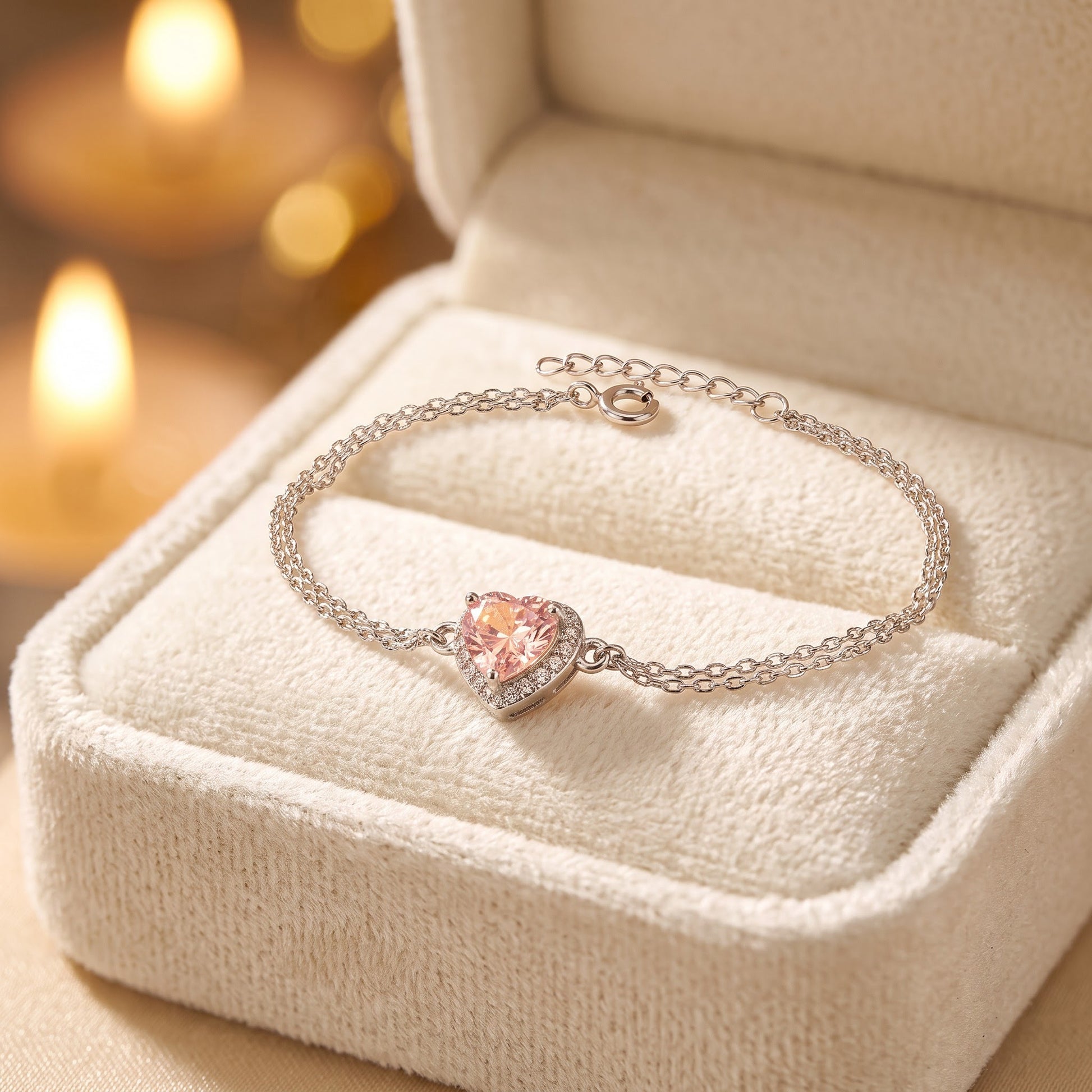 Sterling Silver Pink & Clear CZ Heart Halo Bracelet for Women, Dainty Everyday Jewelry Gift view 2