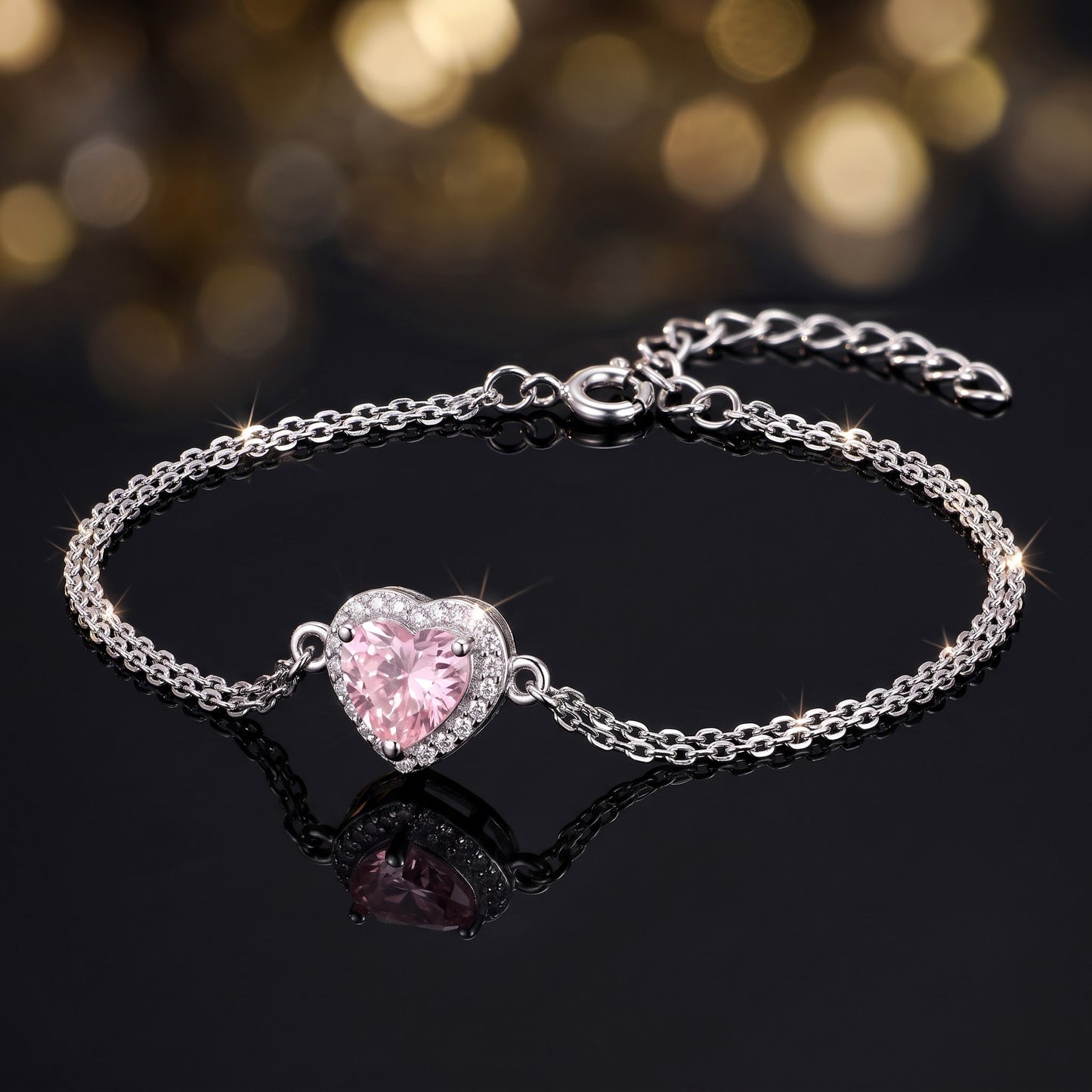 Sterling Silver Pink & Clear CZ Heart Halo Bracelet for Women, Dainty Everyday Jewelry Gift view 3