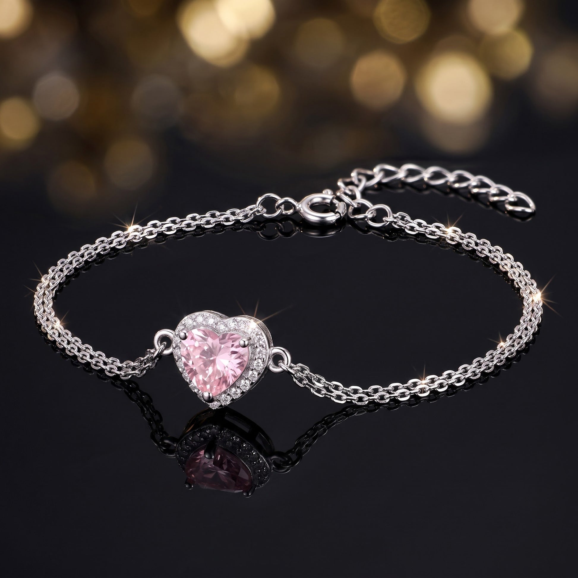 Sterling Silver Pink & Clear CZ Heart Halo Bracelet for Women, Dainty Everyday Jewelry Gift view 3