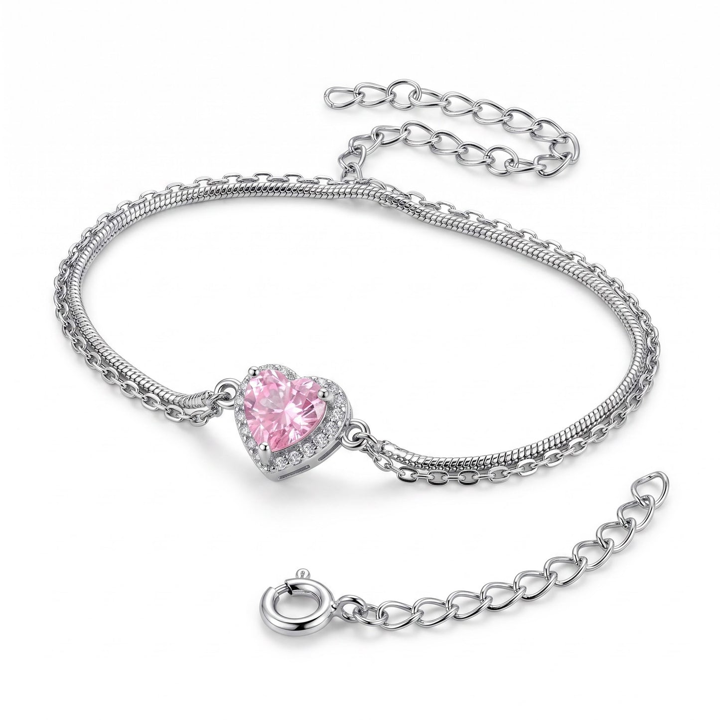 Sterling Silver Pink & Clear CZ Heart Halo Bracelet for Women, Dainty Everyday Jewelry Gift