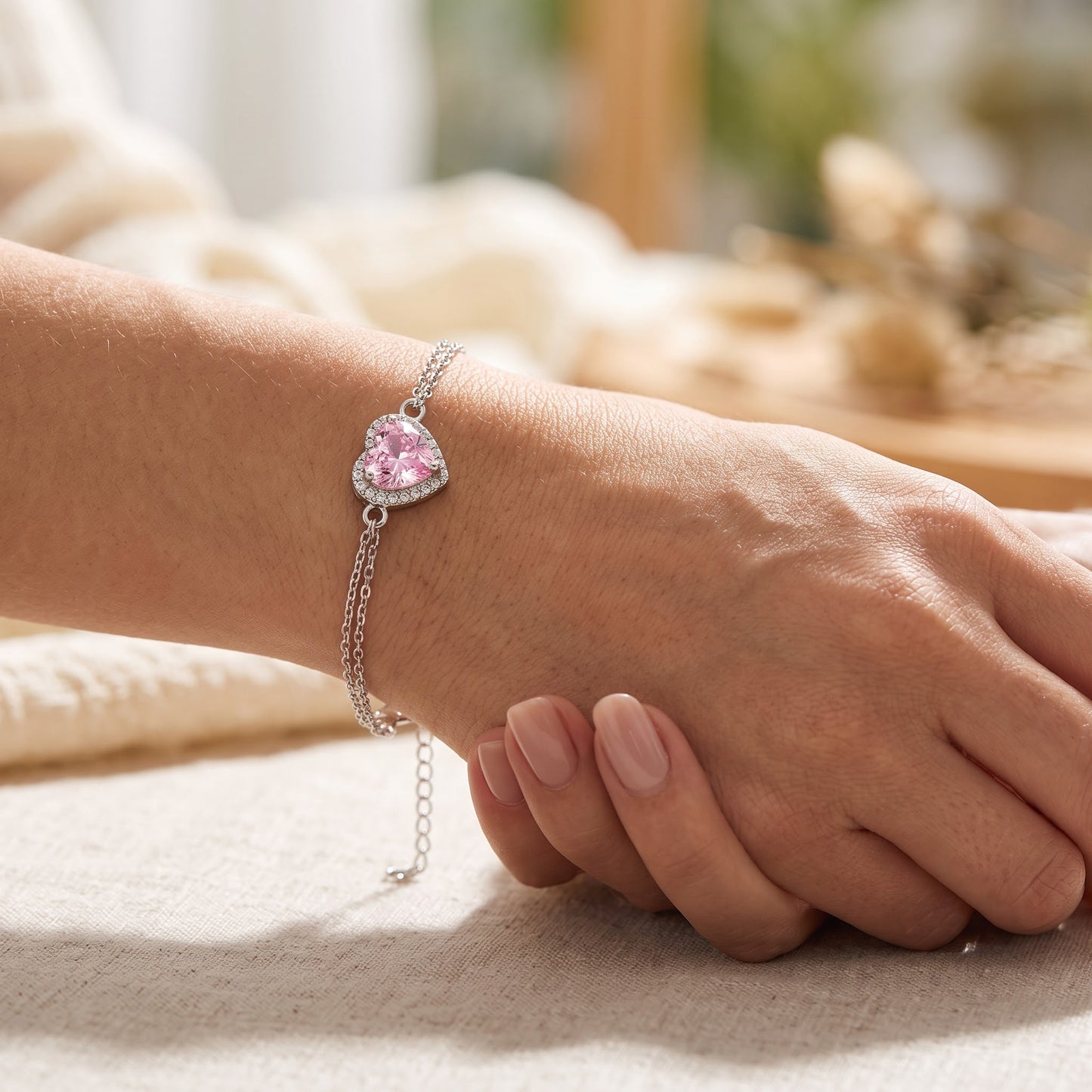 Sterling Silver Pink & Clear CZ Heart Halo Bracelet for Women, Dainty Everyday Jewelry Gift view 4