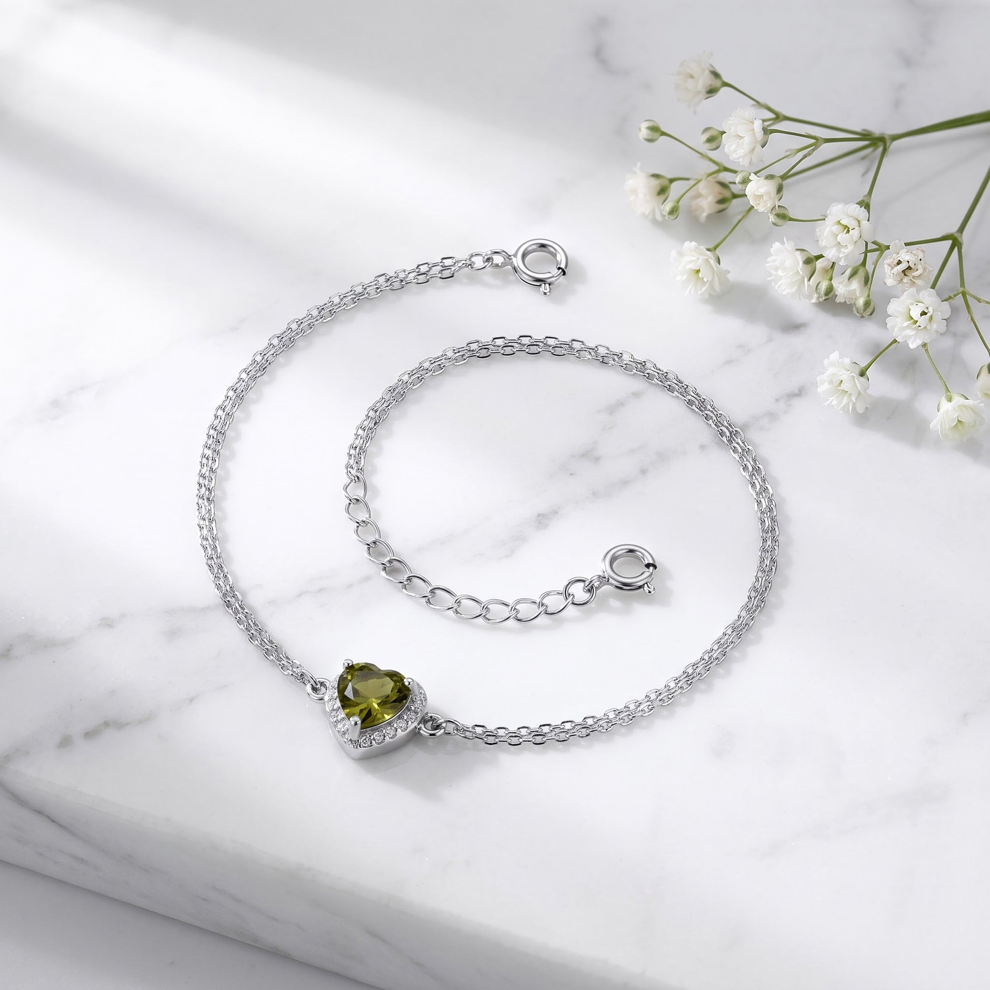 Sterling Silver Peridot & Clear CZ Heart Halo Bracelet for Women, Dainty Everyday Jewelry Gift view 1