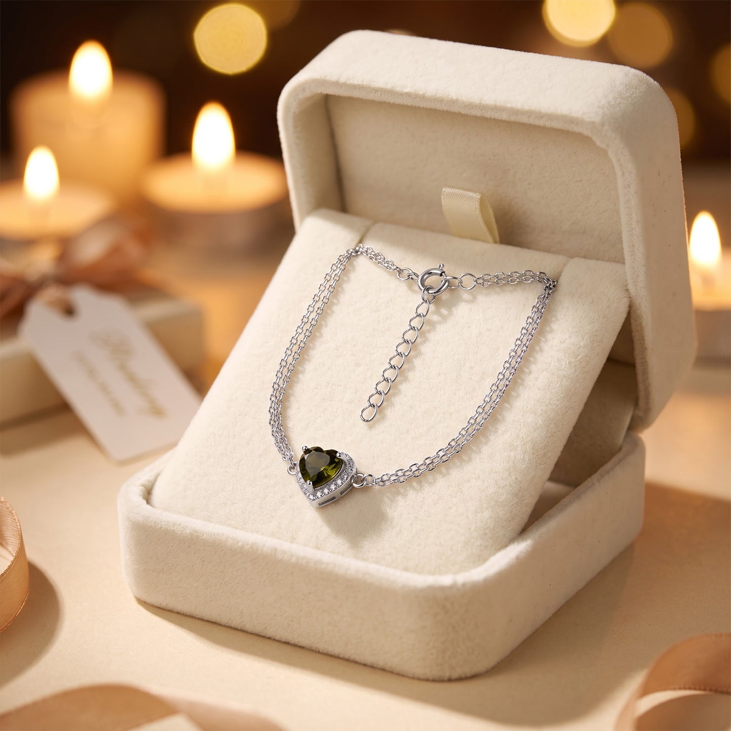 Sterling Silver Peridot & Clear CZ Heart Halo Bracelet for Women, Dainty Everyday Jewelry Gift view 2