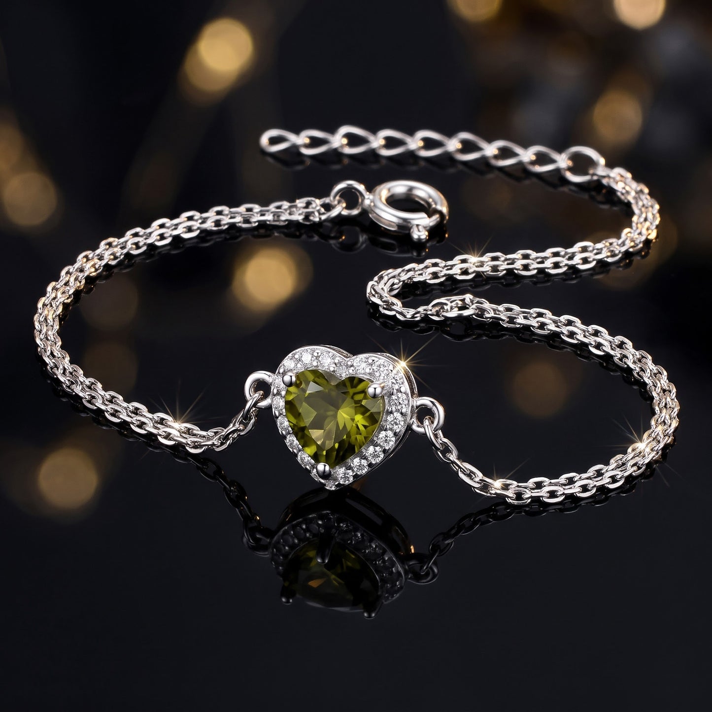 Sterling Silver Peridot & Clear CZ Heart Halo Bracelet for Women, Dainty Everyday Jewelry Gift view 3