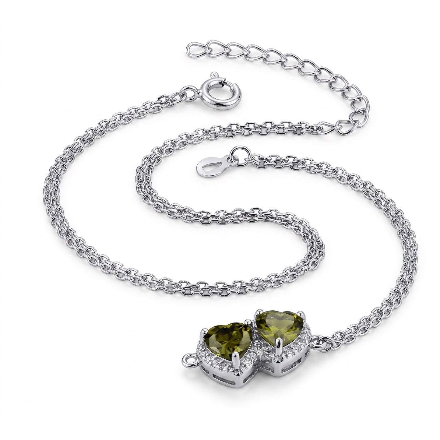 Sterling Silver Peridot & Clear CZ Heart Halo Bracelet for Women, Dainty Everyday Jewelry Gift