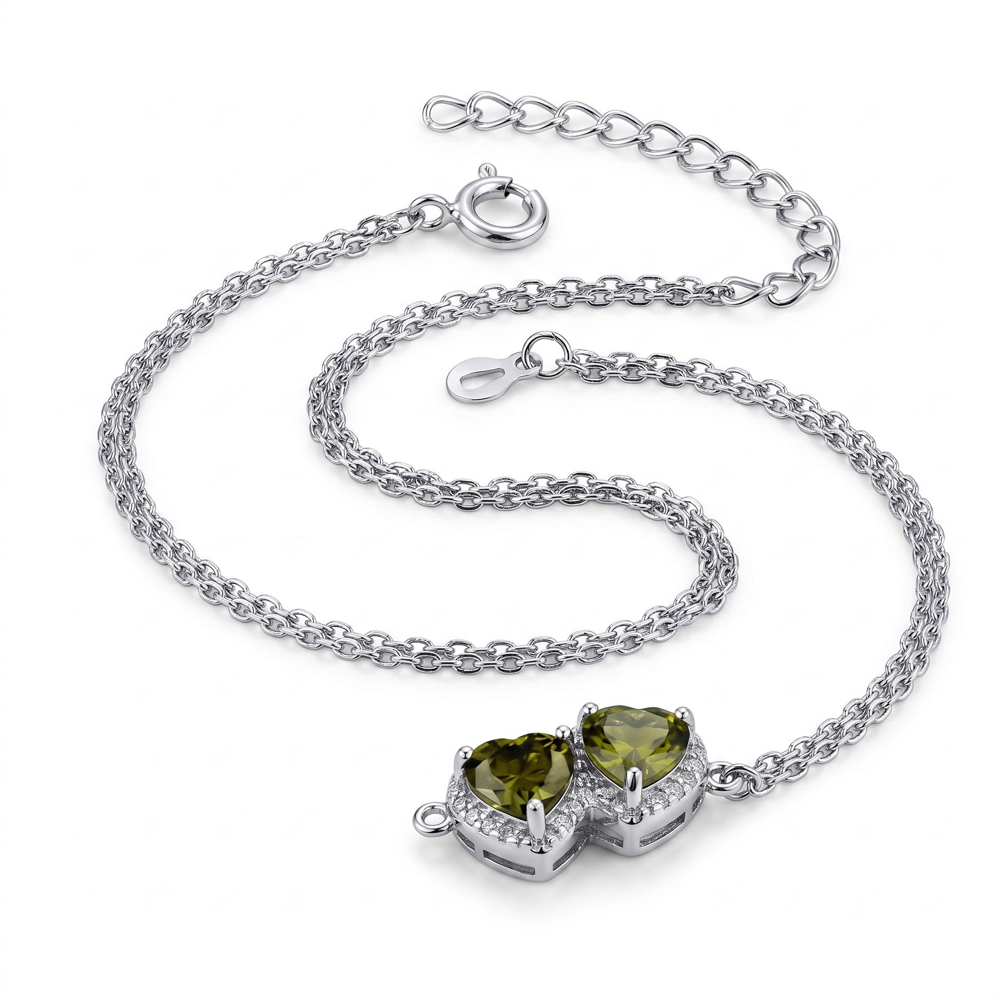 Sterling Silver Peridot & Clear CZ Heart Halo Bracelet for Women, Dainty Everyday Jewelry Gift