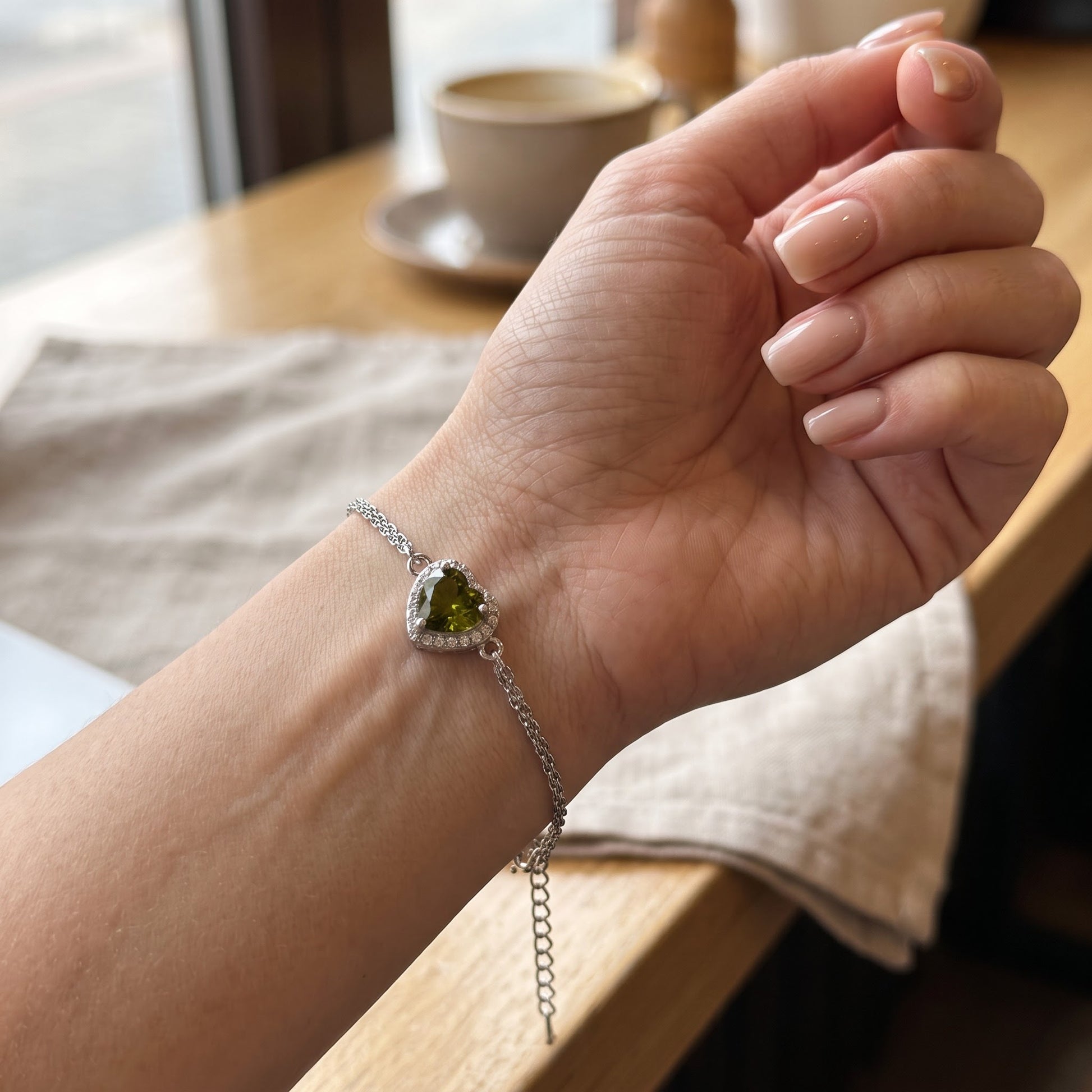 Sterling Silver Peridot & Clear CZ Heart Halo Bracelet for Women, Dainty Everyday Jewelry Gift view 4