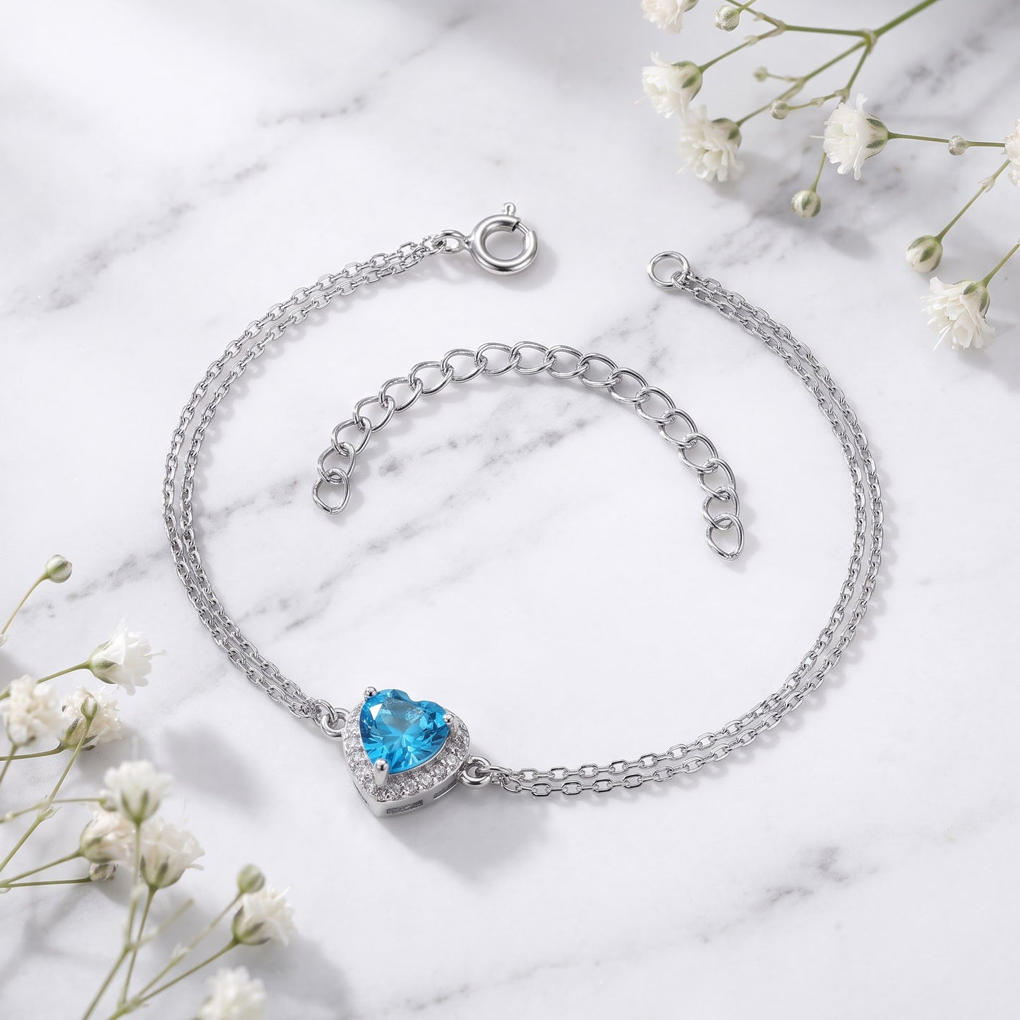 Sterling Silver Blue Topaz & Clear CZ Heart Halo Bracelet for Women, Dainty Everyday Jewelry Gift view 1