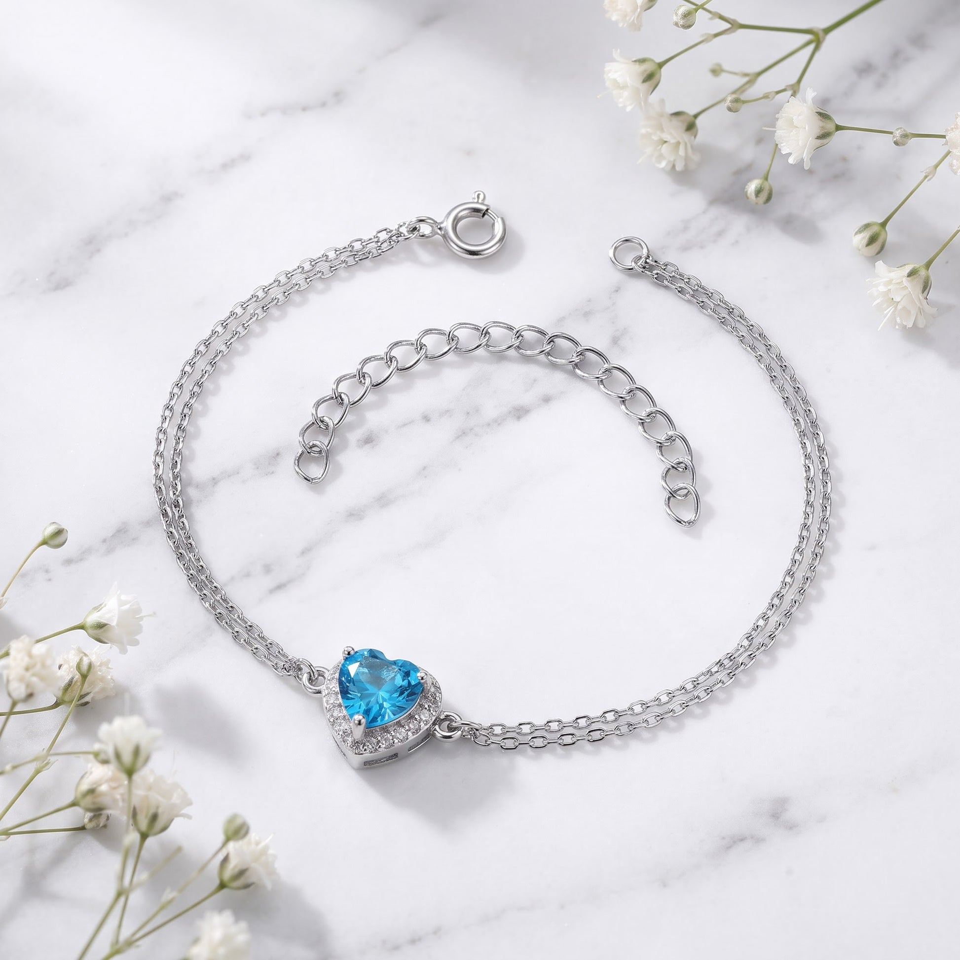 Sterling Silver Blue Topaz & Clear CZ Heart Halo Bracelet for Women, Dainty Everyday Jewelry Gift view 1