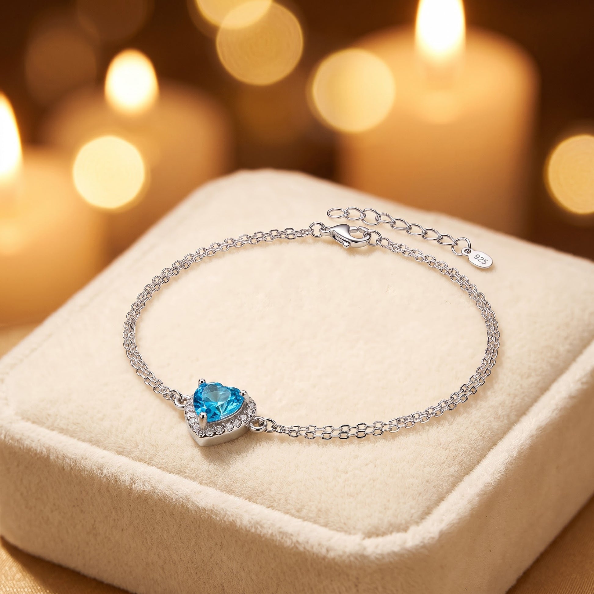 Sterling Silver Blue Topaz & Clear CZ Heart Halo Bracelet for Women, Dainty Everyday Jewelry Gift view 2