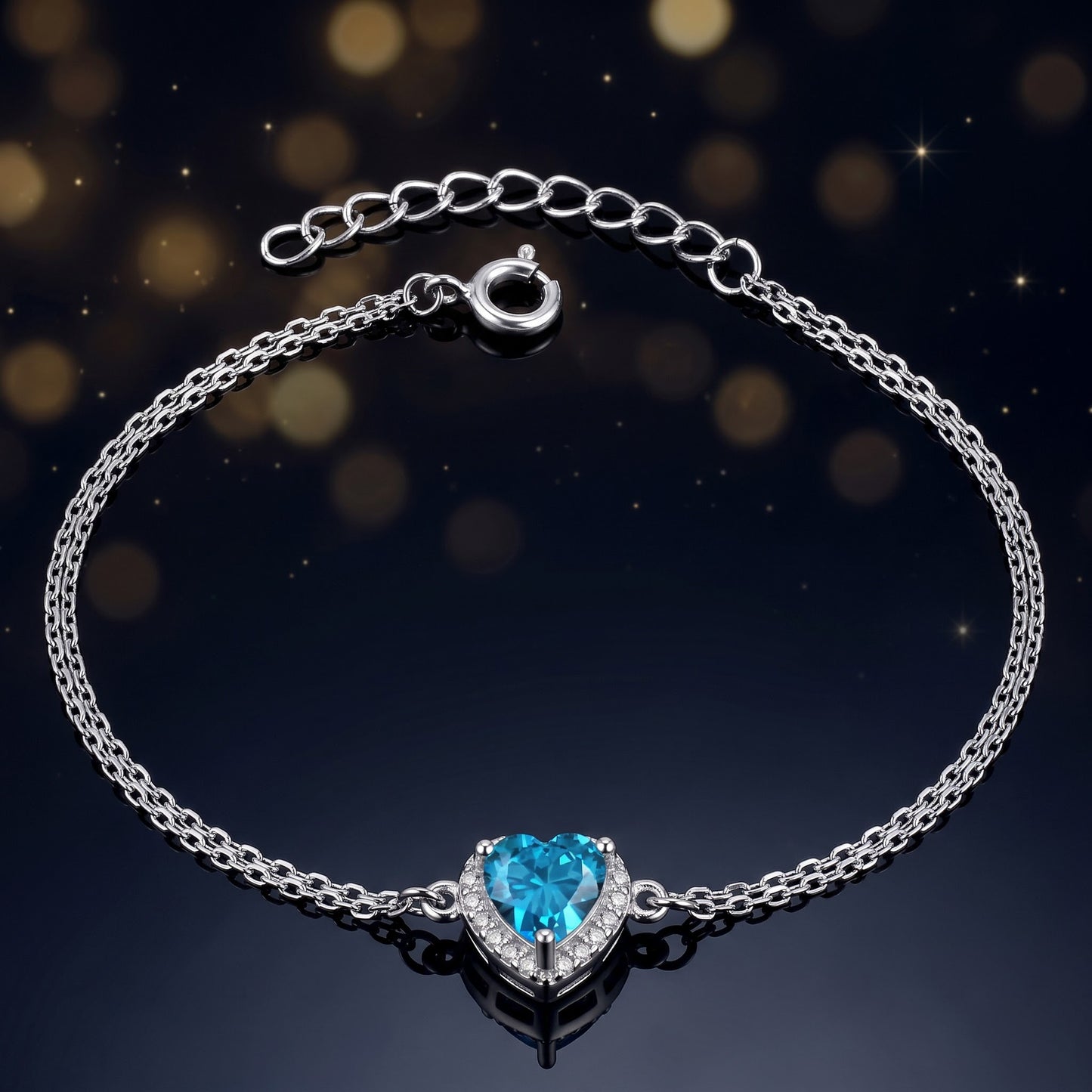 Sterling Silver Blue Topaz & Clear CZ Heart Halo Bracelet for Women, Dainty Everyday Jewelry Gift view 3