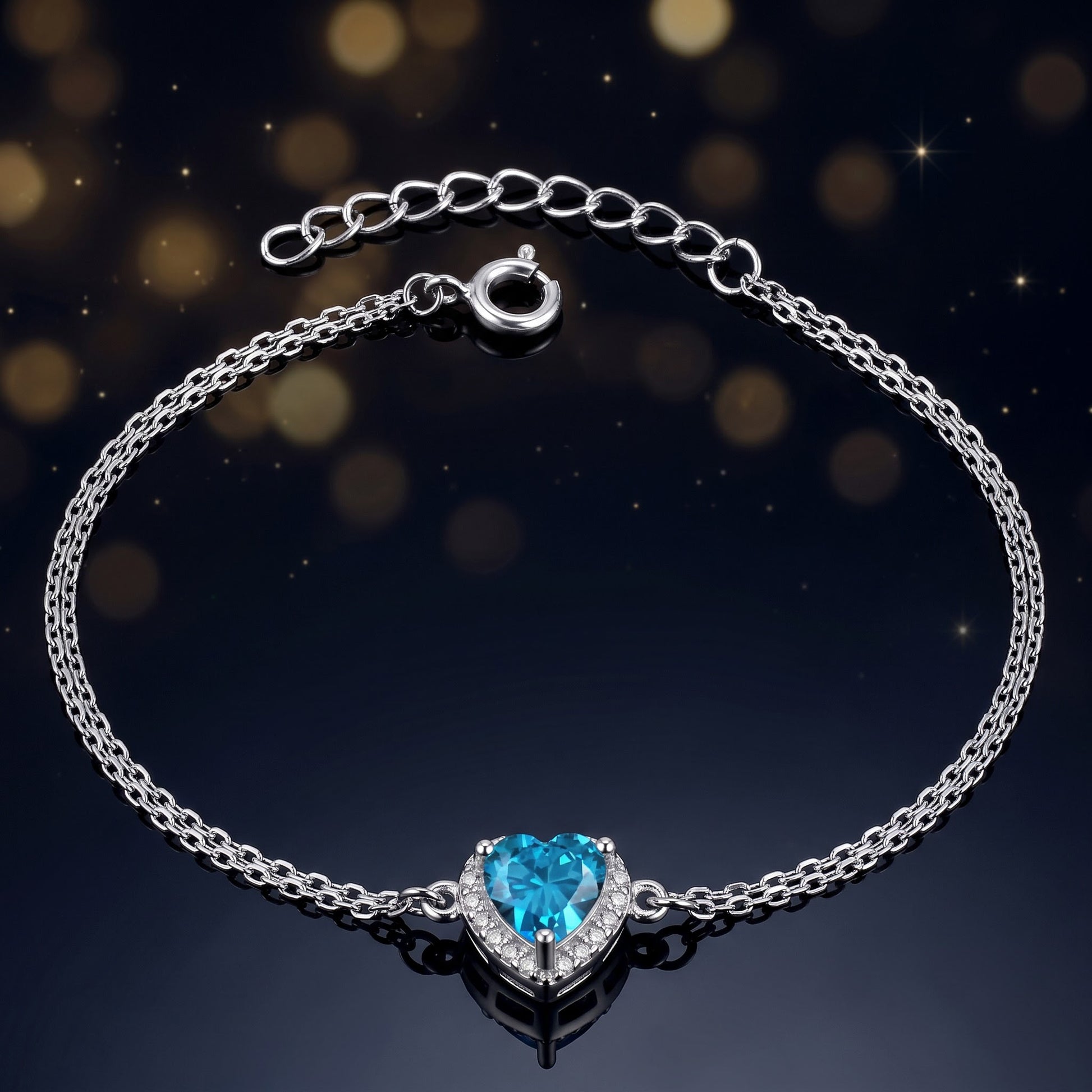 Sterling Silver Blue Topaz & Clear CZ Heart Halo Bracelet for Women, Dainty Everyday Jewelry Gift view 3