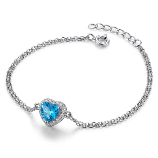 Sterling Silver Blue Topaz & Clear CZ Heart Halo Bracelet for Women, Dainty Everyday Jewelry Gift