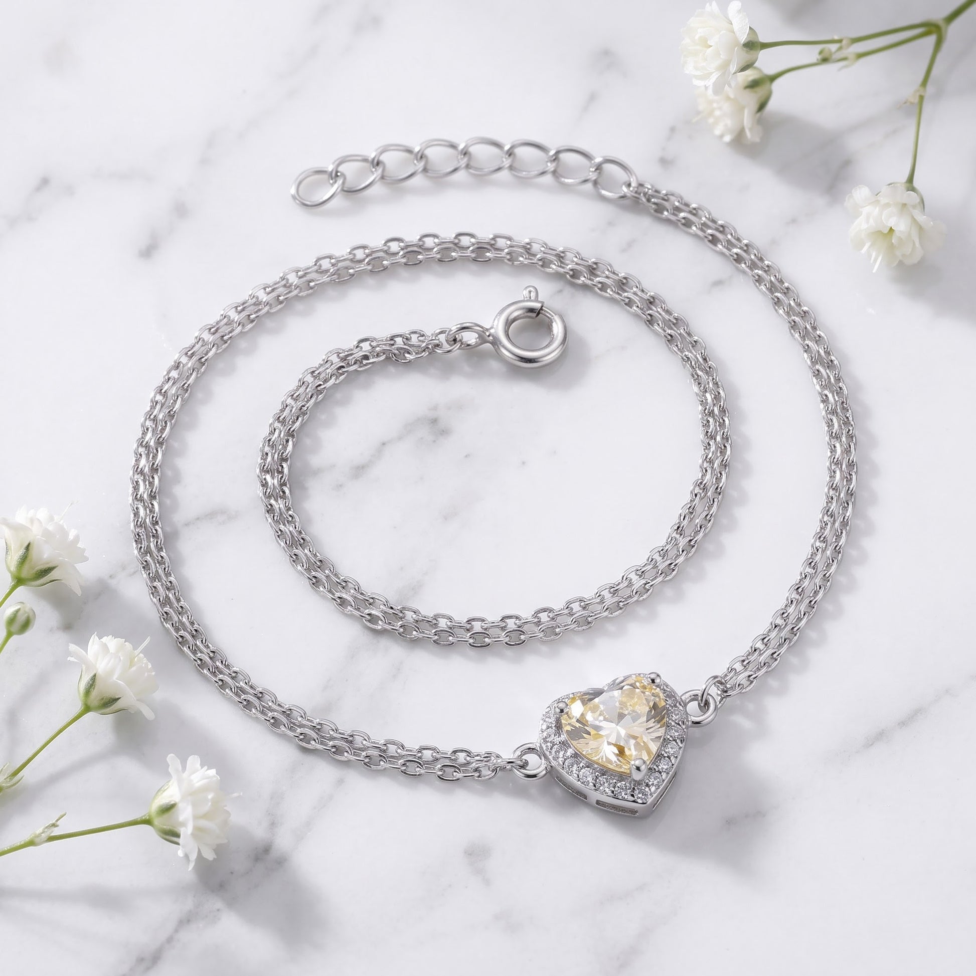 Sterling Silver Yellow & Clear CZ Heart Halo Gold Plated Bracelet for Women, Dainty Everyday Jewelry Gift view 1