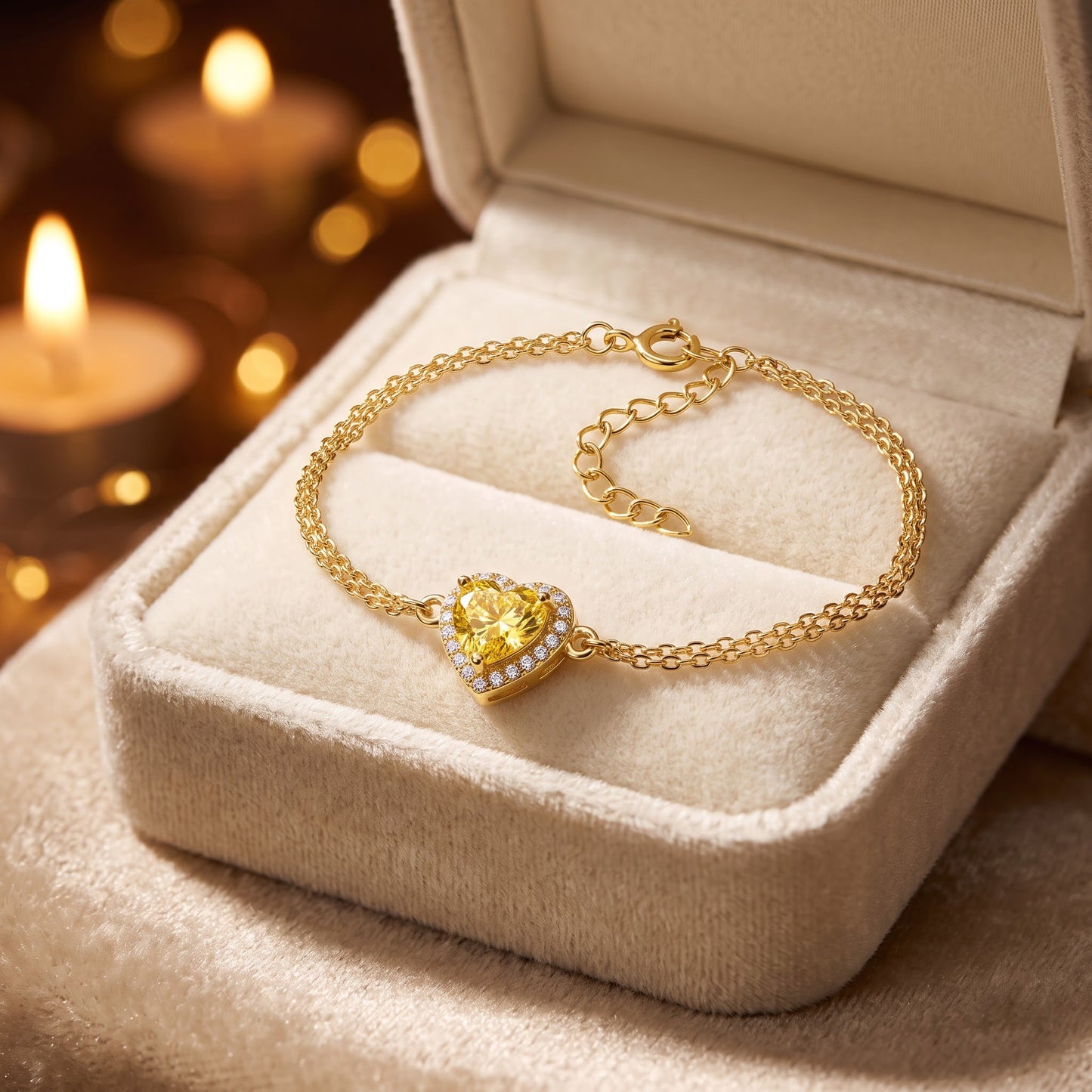 Sterling Silver Yellow & Clear CZ Heart Halo Gold Plated Bracelet for Women, Dainty Everyday Jewelry Gift view 2