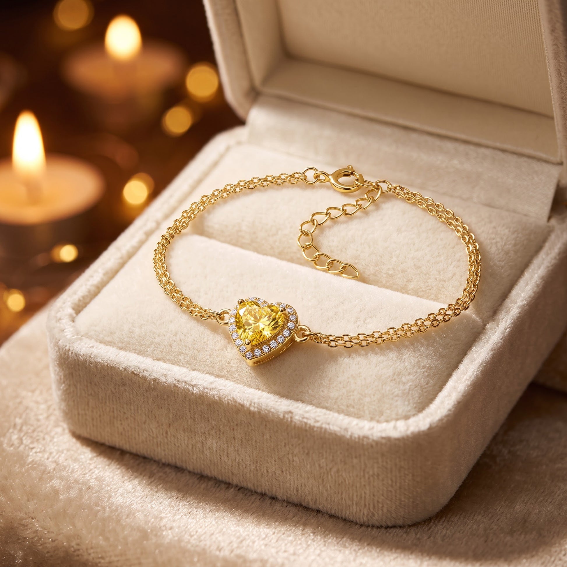 Sterling Silver Yellow & Clear CZ Heart Halo Gold Plated Bracelet for Women, Dainty Everyday Jewelry Gift view 2
