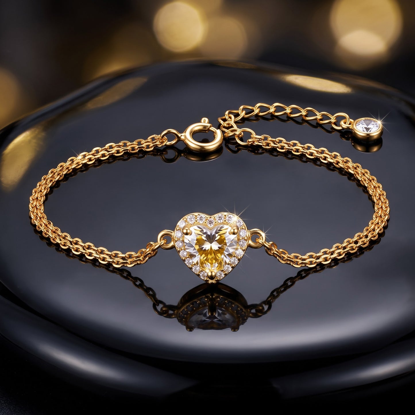 Sterling Silver Yellow & Clear CZ Heart Halo Gold Plated Bracelet for Women, Dainty Everyday Jewelry Gift view 3
