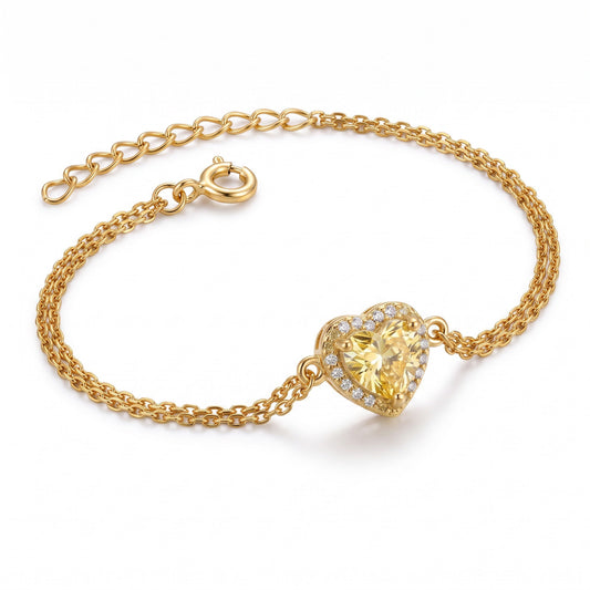 Sterling Silver Yellow & Clear CZ Heart Halo Gold Plated Bracelet for Women, Dainty Everyday Jewelry Gift