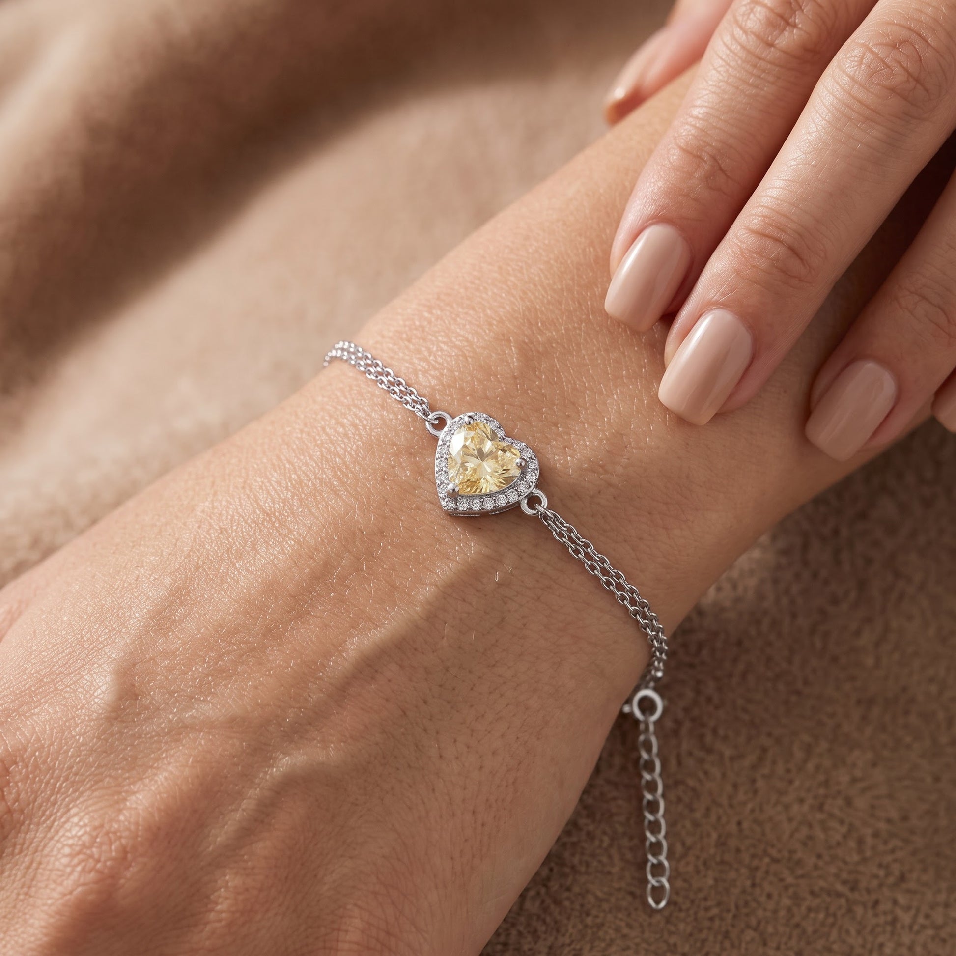 Sterling Silver Yellow & Clear CZ Heart Halo Gold Plated Bracelet for Women, Dainty Everyday Jewelry Gift view 4