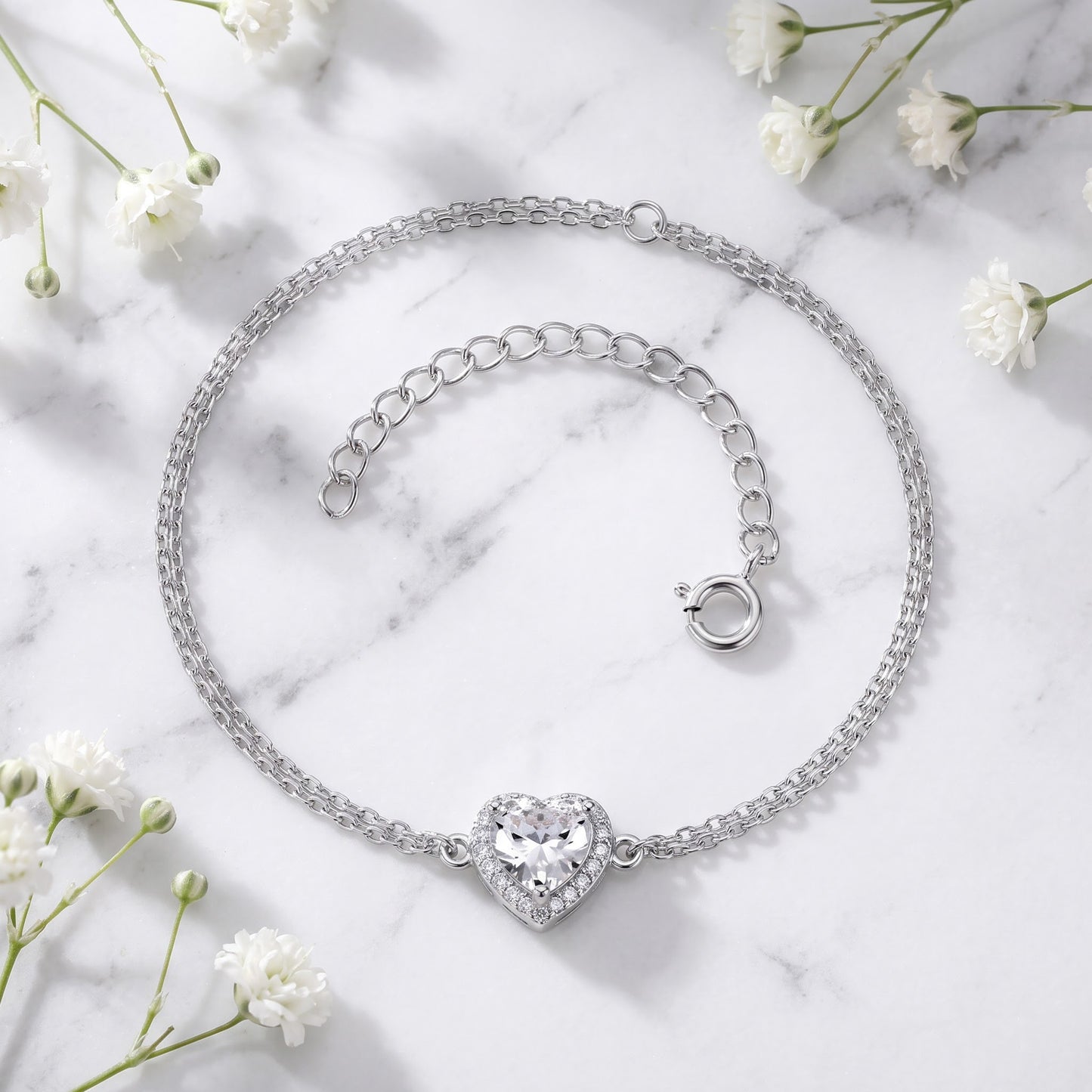Sterling Silver Clear & Pink CZ Heart Halo Rose Gold Plated Bracelet for Women, Dainty Everyday Jewelry Gift view 1