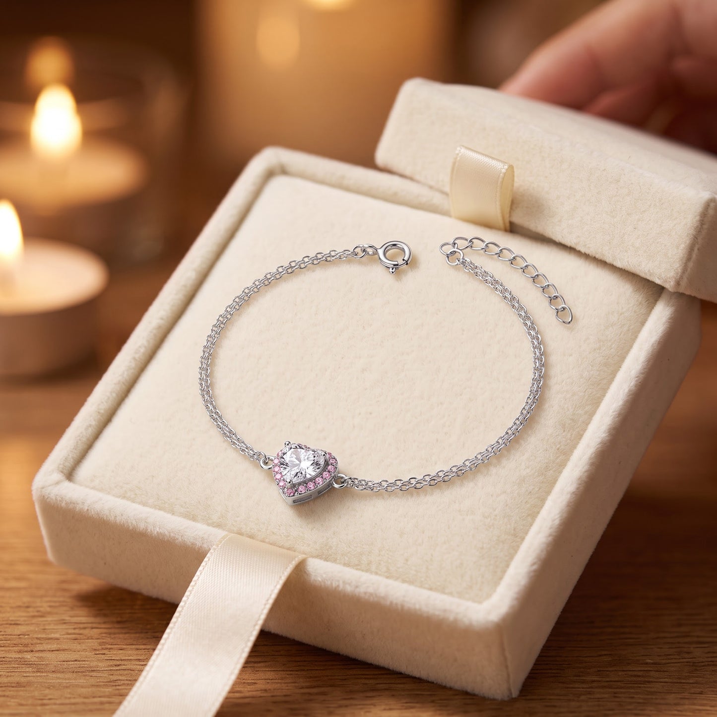 Sterling Silver Clear & Pink CZ Heart Halo Rose Gold Plated Bracelet for Women, Dainty Everyday Jewelry Gift view 2