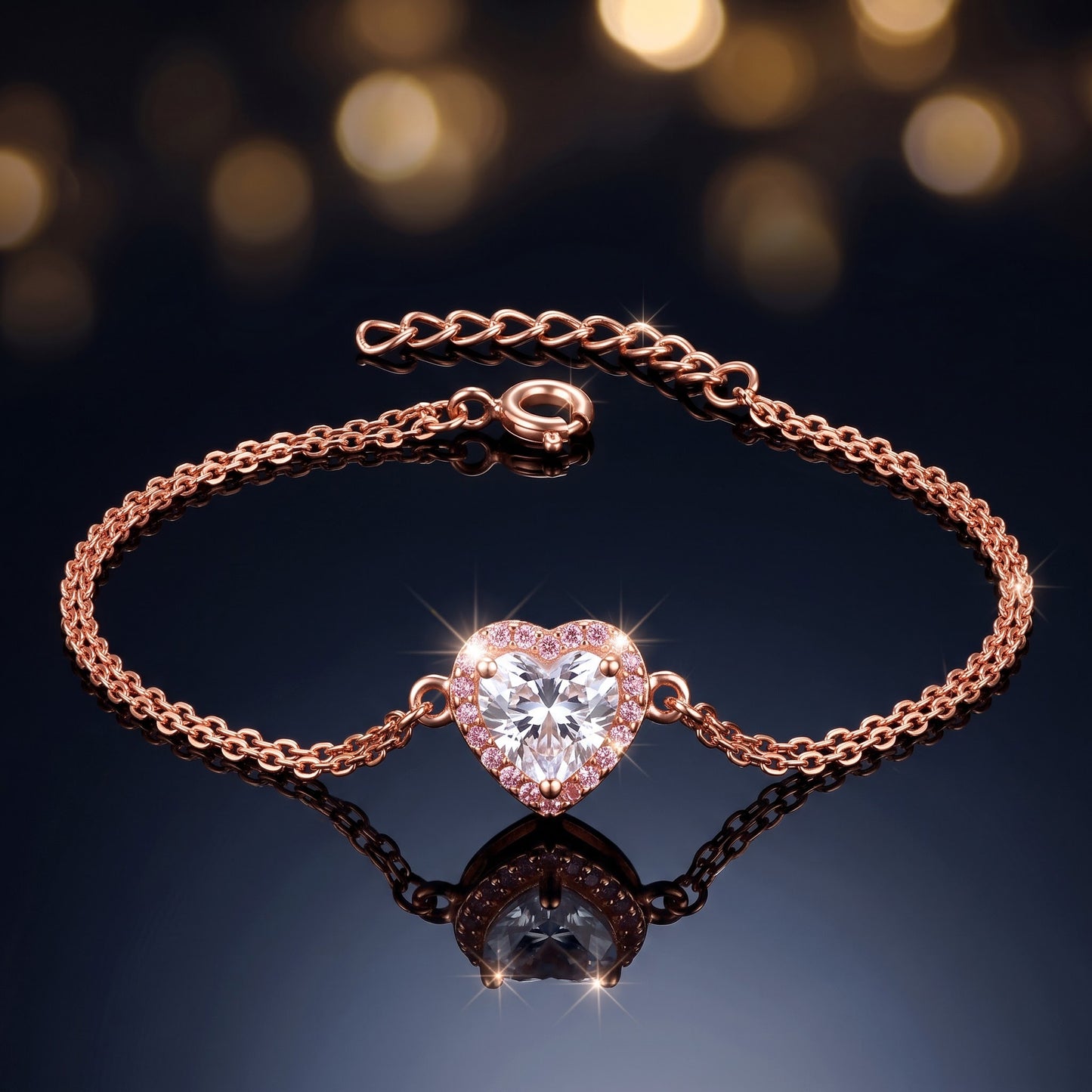 Sterling Silver Clear & Pink CZ Heart Halo Rose Gold Plated Bracelet for Women, Dainty Everyday Jewelry Gift view 3