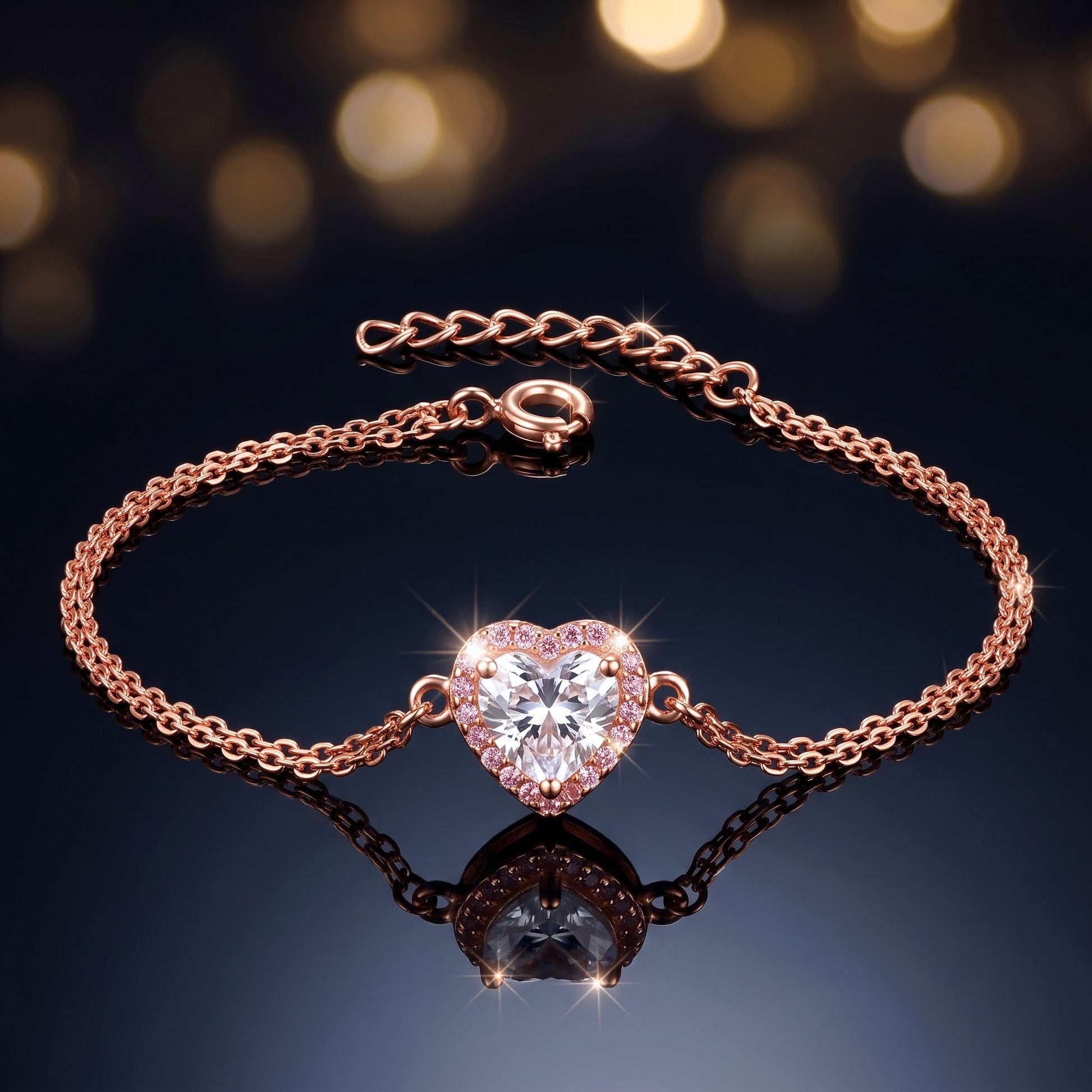 Sterling Silver Clear & Pink CZ Heart Halo Rose Gold Plated Bracelet for Women, Dainty Everyday Jewelry Gift view 3