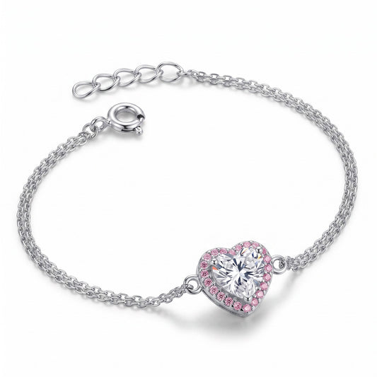 Sterling Silver Clear & Pink CZ Heart Halo Rose Gold Plated Bracelet for Women, Dainty Everyday Jewelry Gift