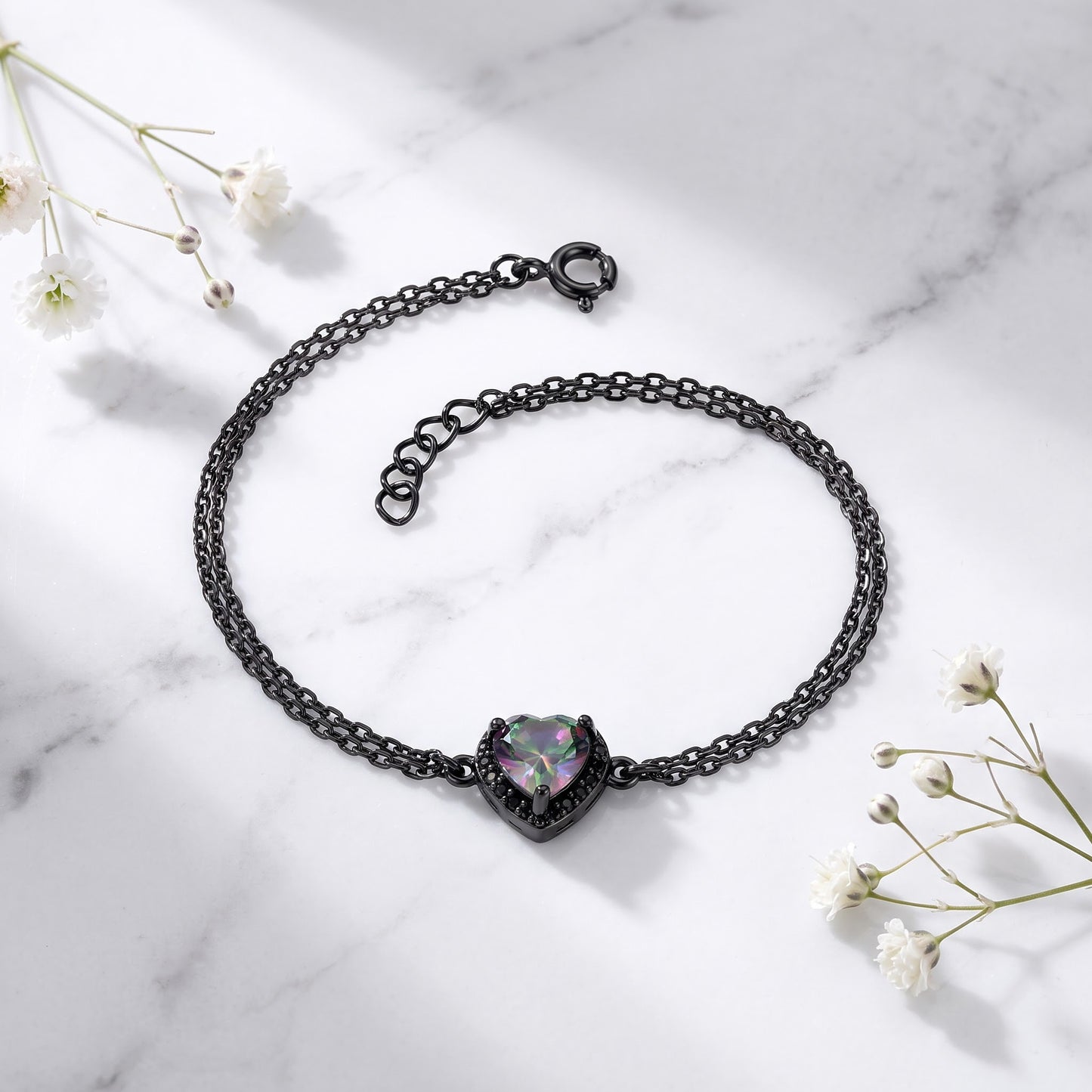 Sterling Silver Rainbow & Black CZ Heart Halo Black Rhodium Plated Bracelet for Women, Dainty Everyday Jewelry Gift view 1