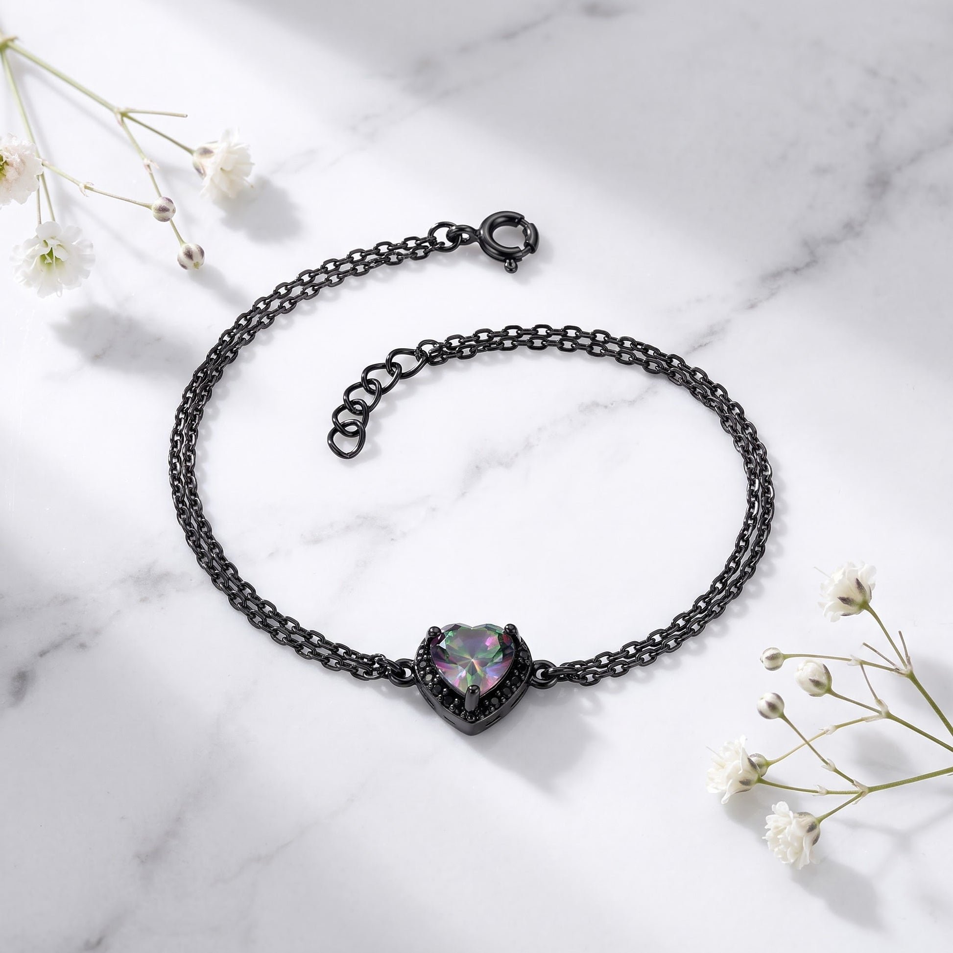 Sterling Silver Rainbow & Black CZ Heart Halo Black Rhodium Plated Bracelet for Women, Dainty Everyday Jewelry Gift view 1