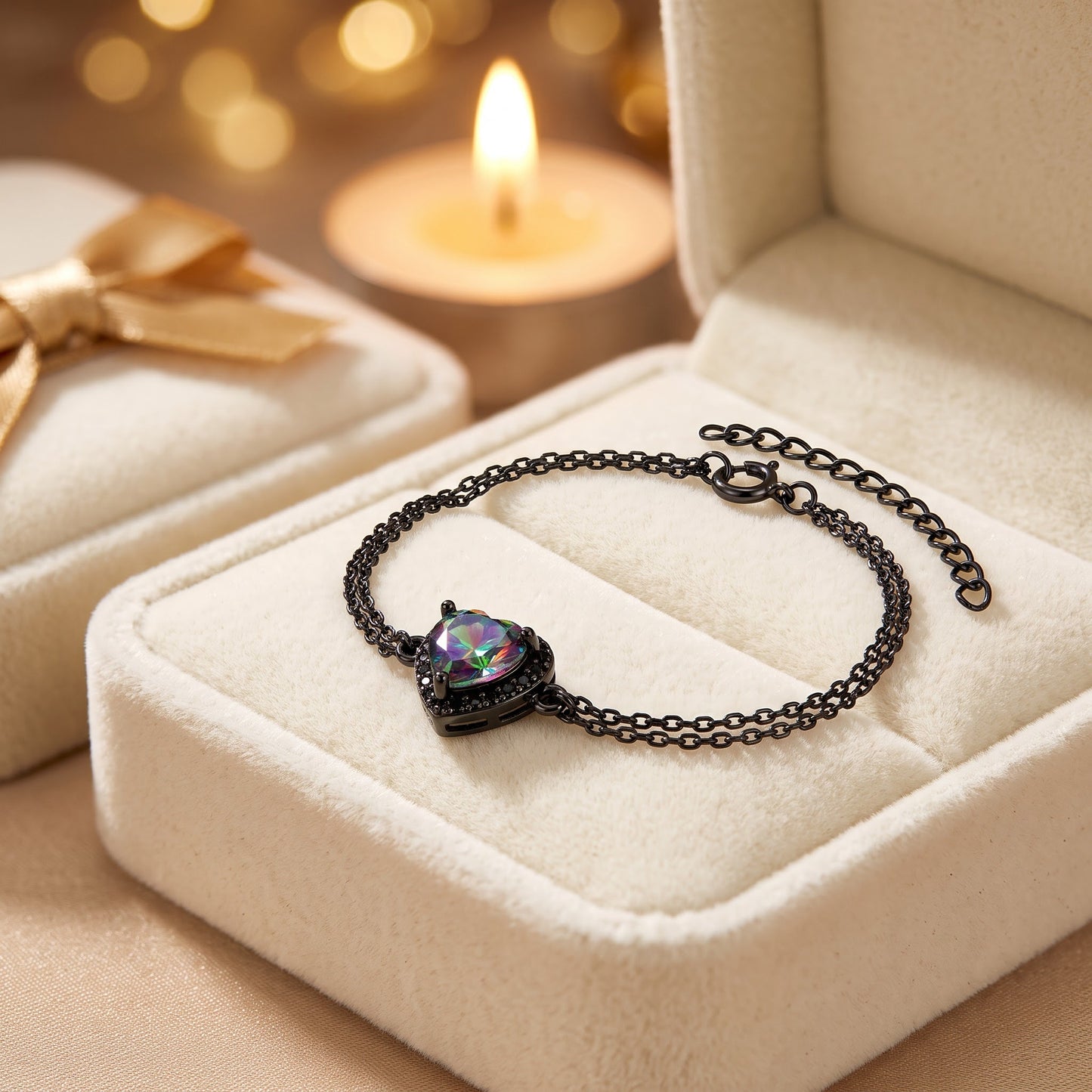 Sterling Silver Rainbow & Black CZ Heart Halo Black Rhodium Plated Bracelet for Women, Dainty Everyday Jewelry Gift view 2