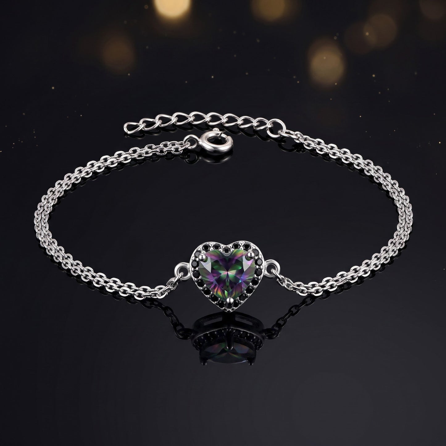 Sterling Silver Rainbow & Black CZ Heart Halo Black Rhodium Plated Bracelet for Women, Dainty Everyday Jewelry Gift view 3