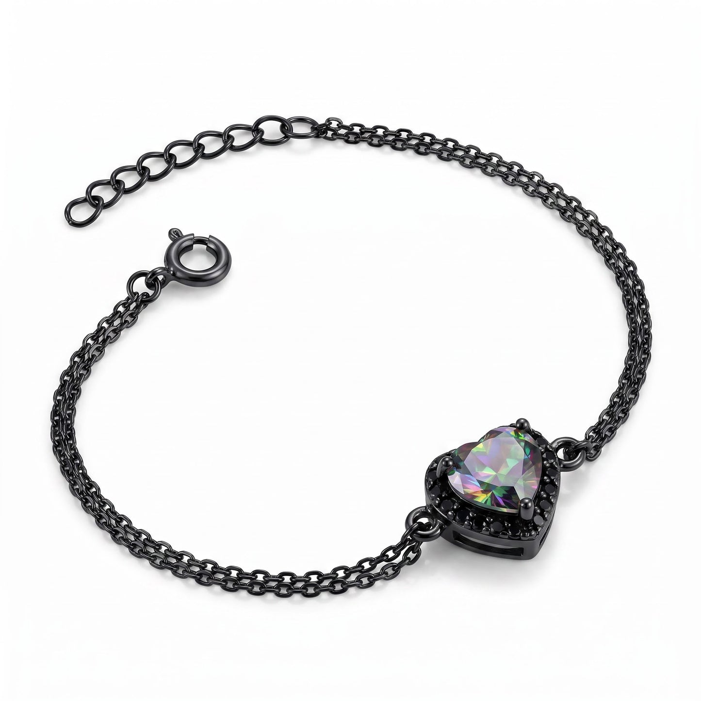 Sterling Silver Rainbow & Black CZ Heart Halo Black Rhodium Plated Bracelet for Women, Dainty Everyday Jewelry Gift