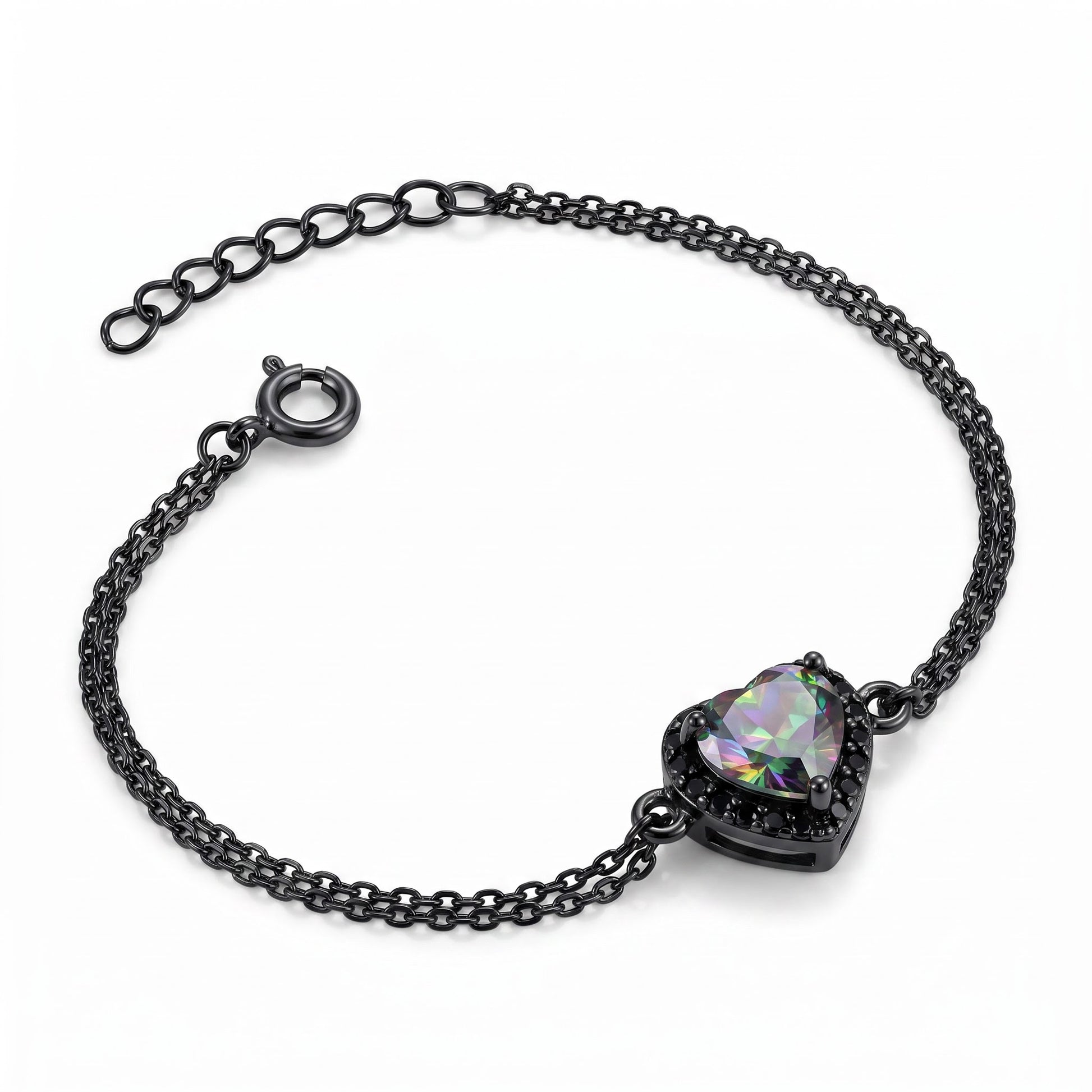 Sterling Silver Rainbow & Black CZ Heart Halo Black Rhodium Plated Bracelet for Women, Dainty Everyday Jewelry Gift
