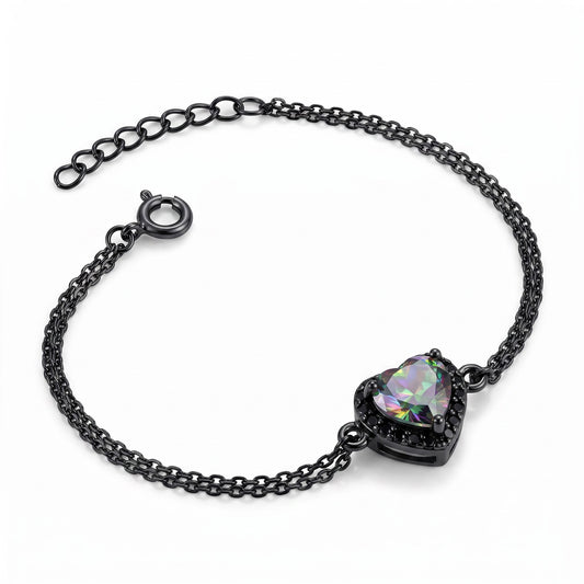 Sterling Silver Rainbow & Black CZ Heart Halo Black Rhodium Plated Bracelet for Women, Dainty Everyday Jewelry Gift