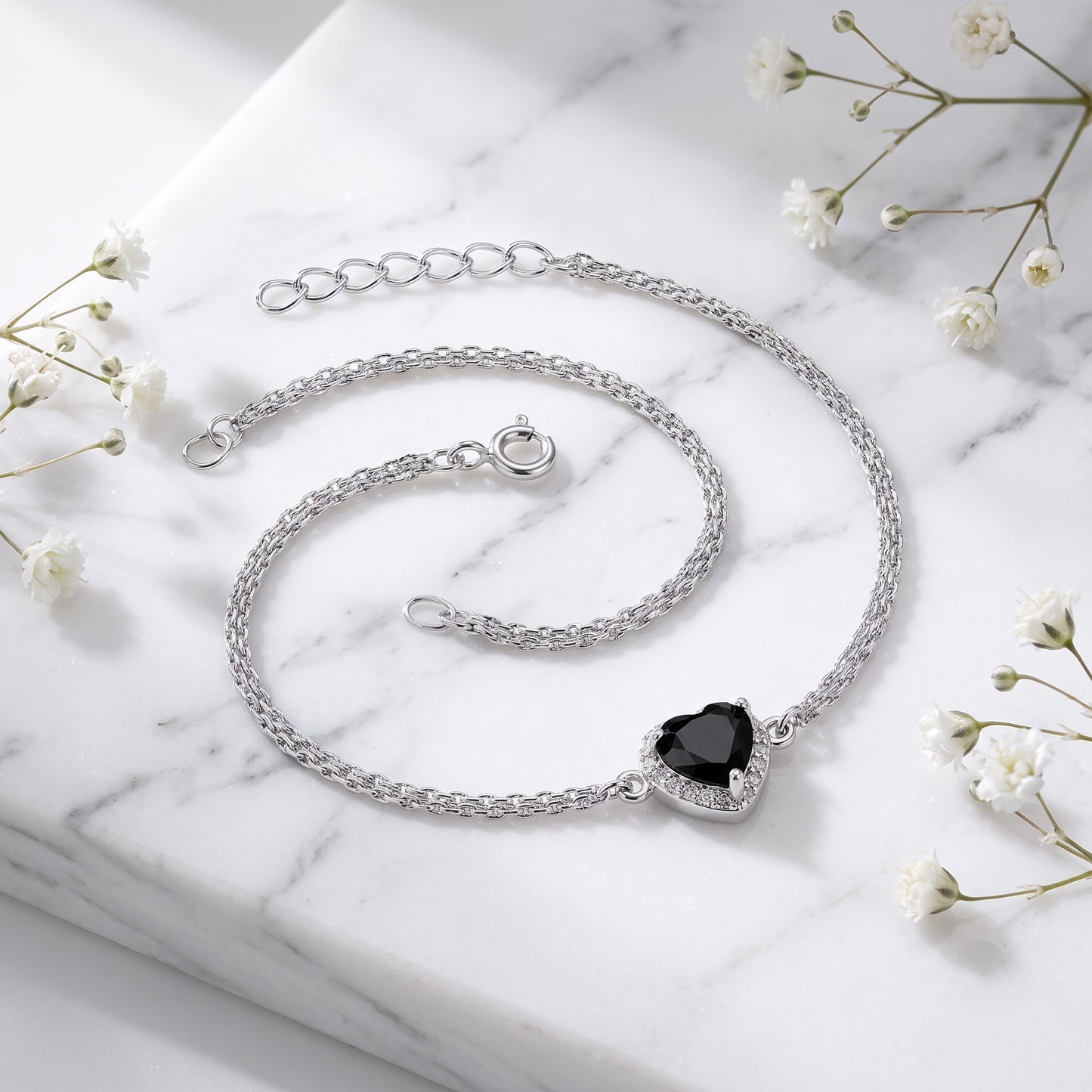Sterling Silver Black & Clear CZ Heart Halo Bracelet for Women, Dainty Everyday Jewelry Gift view 1