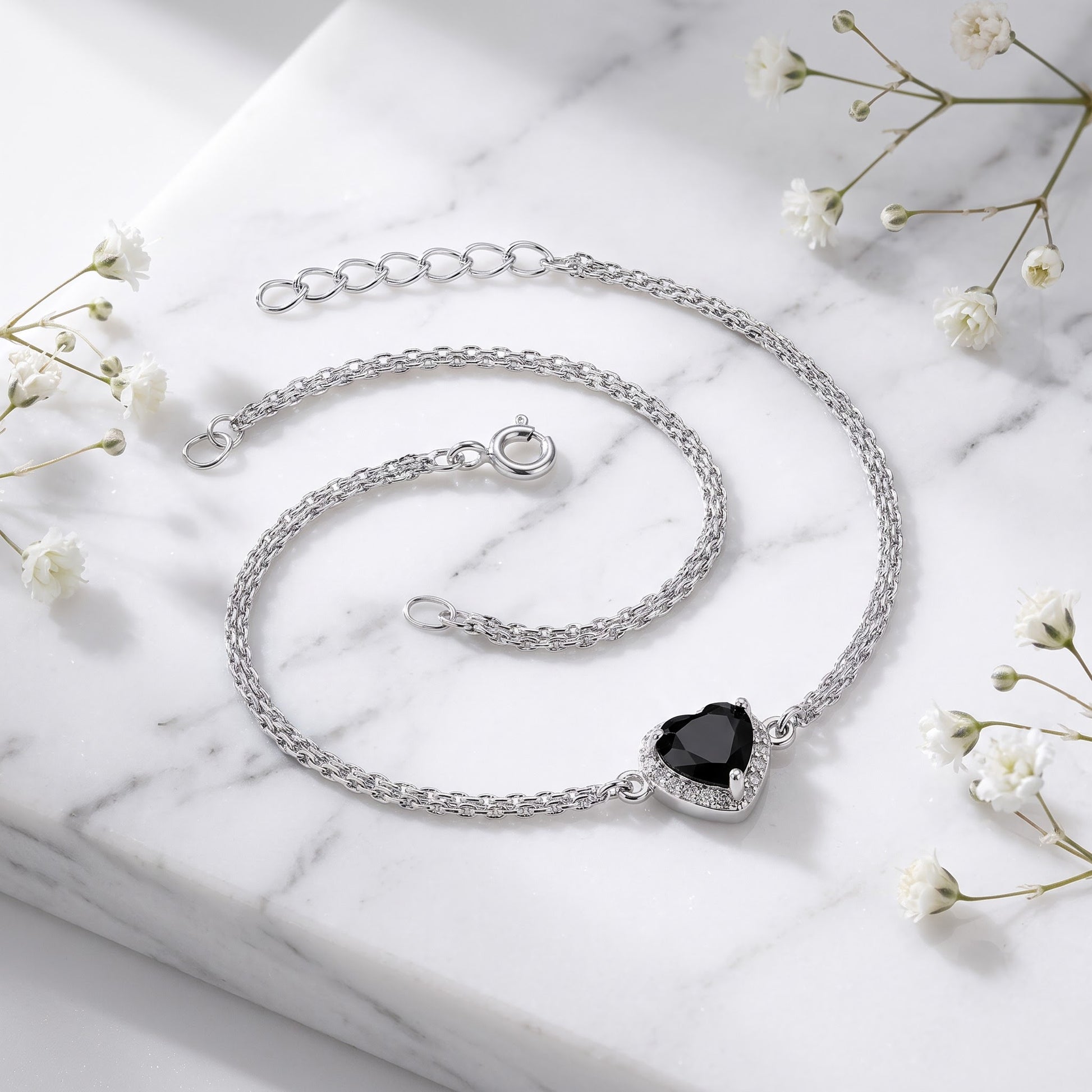 Sterling Silver Black & Clear CZ Heart Halo Bracelet for Women, Dainty Everyday Jewelry Gift view 1
