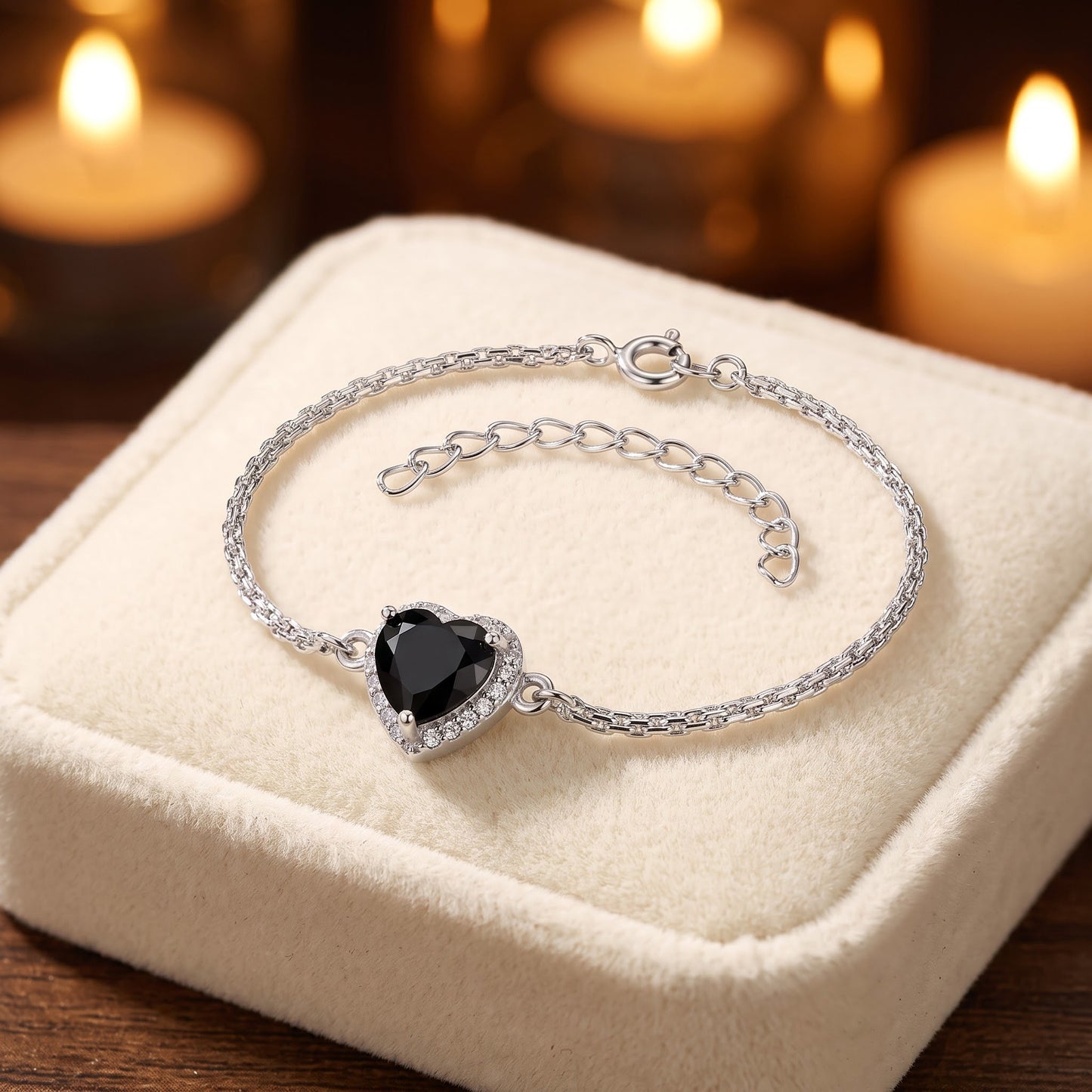 Sterling Silver Black & Clear CZ Heart Halo Bracelet for Women, Dainty Everyday Jewelry Gift view 2