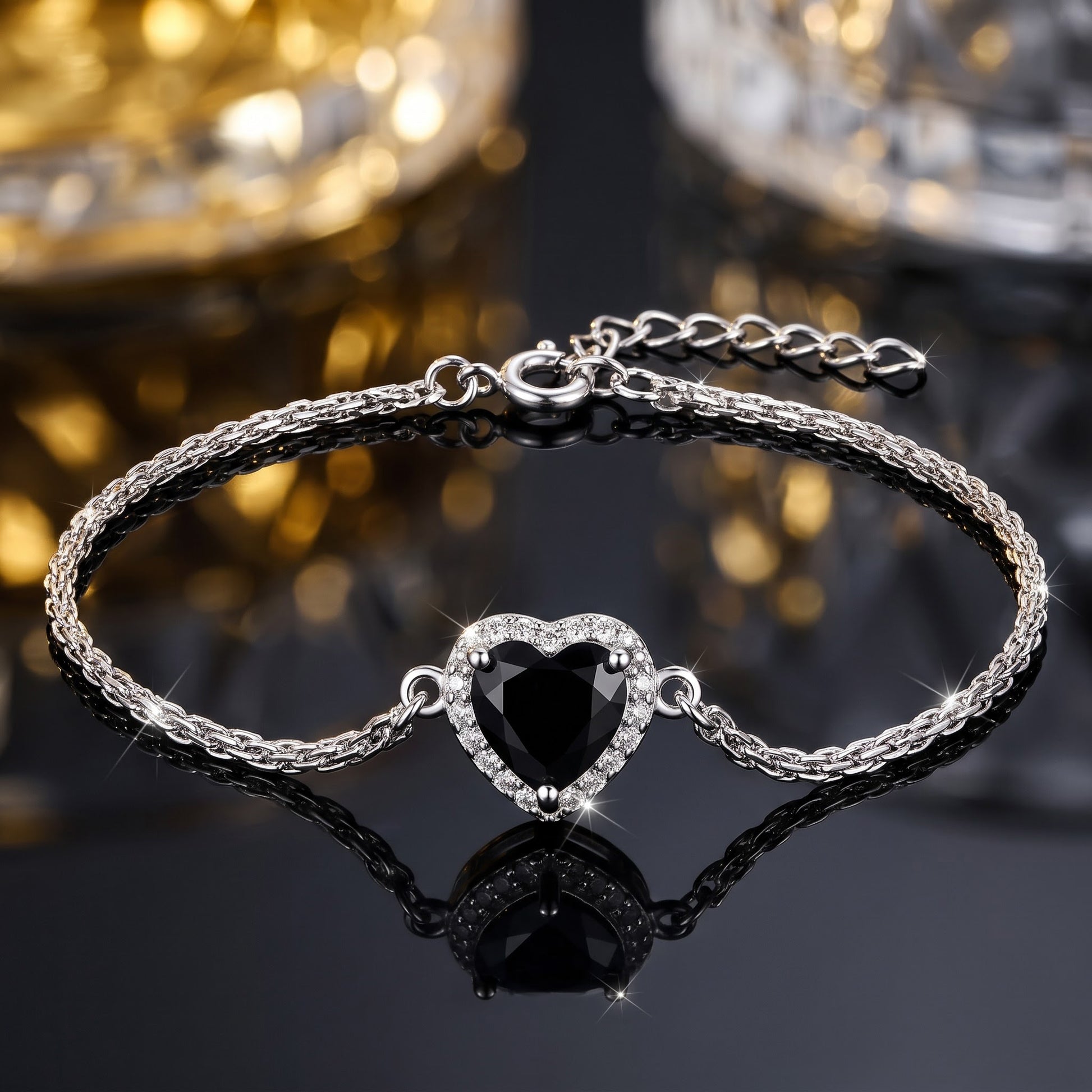 Sterling Silver Black & Clear CZ Heart Halo Bracelet for Women, Dainty Everyday Jewelry Gift view 3