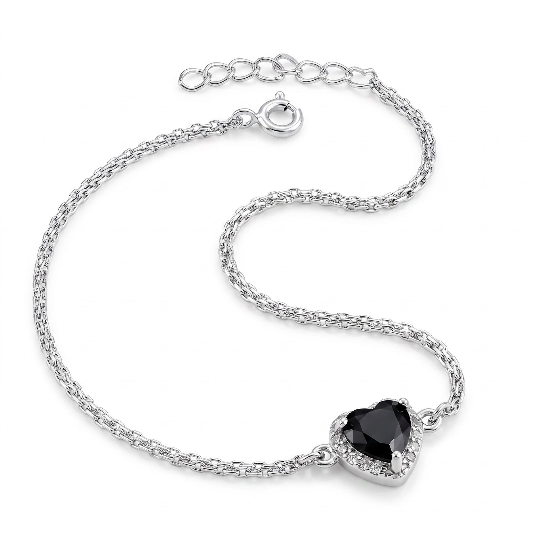 Sterling Silver Black & Clear CZ Heart Halo Bracelet for Women, Dainty Everyday Jewelry Gift