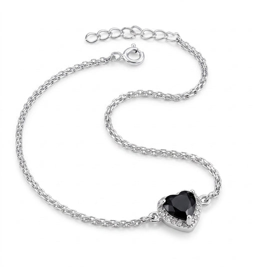 Sterling Silver Black & Clear CZ Heart Halo Bracelet for Women, Dainty Everyday Jewelry Gift