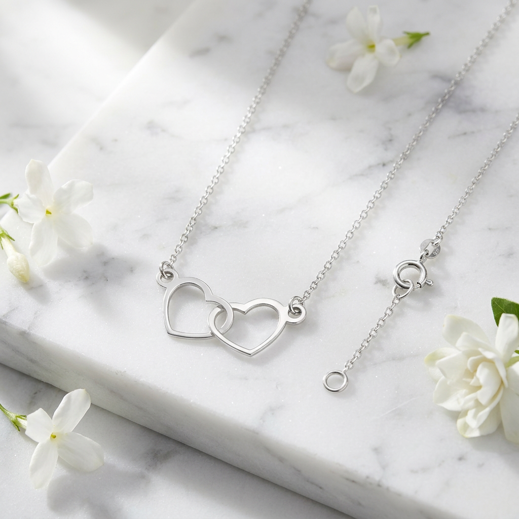 Sterling Silver Interlocking Double Heart Pendant Necklace for Women, 16 to 18 inch Adjustable life1