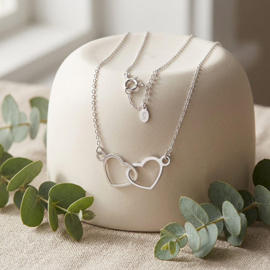 Sterling Silver Interlocking Double Heart Pendant Necklace for Women, 16 to 18 inch Adjustable life2
