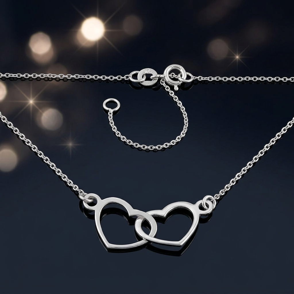 Sterling Silver Interlocking Double Heart Pendant Necklace for Women, 16 to 18 inch Adjustable life4