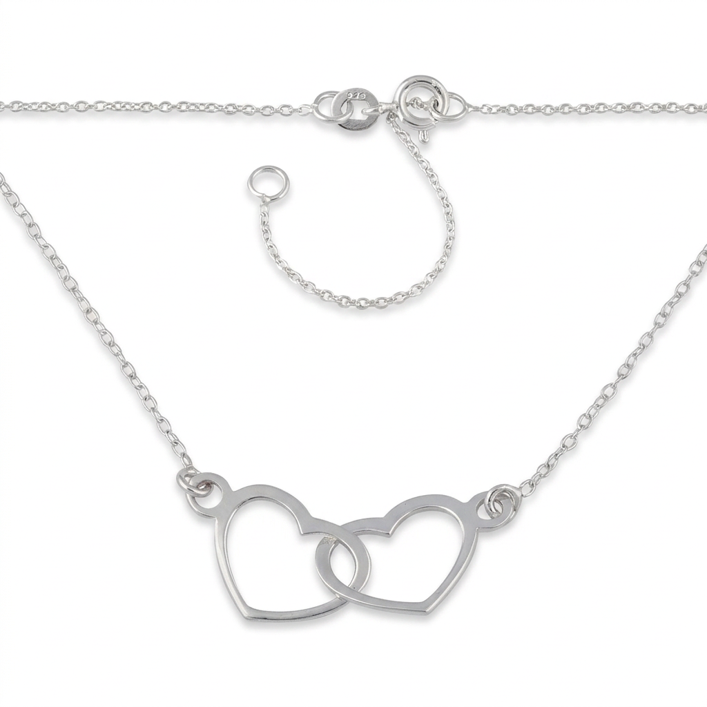 Sterling Silver Interlocking Double Heart Pendant Necklace for Women, 16 to 18 inch Adjustable