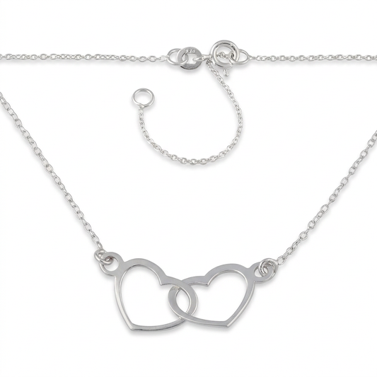 Sterling Silver Interlocking Double Heart Pendant Necklace for Women, 16 to 18 inch Adjustable