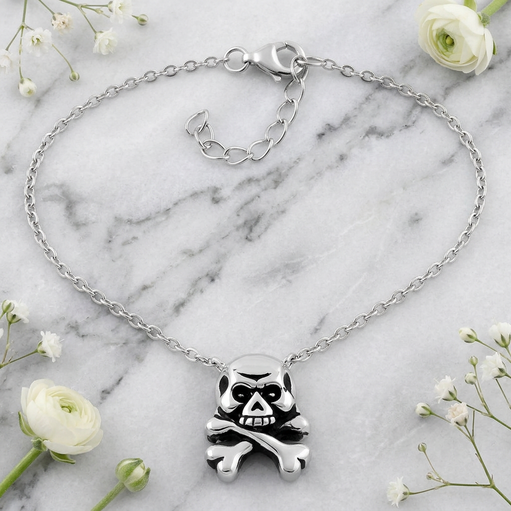 Sterling Silver Skull and Crossbones Pendant Necklace for Women, 16.5 to 17.5 inch life1